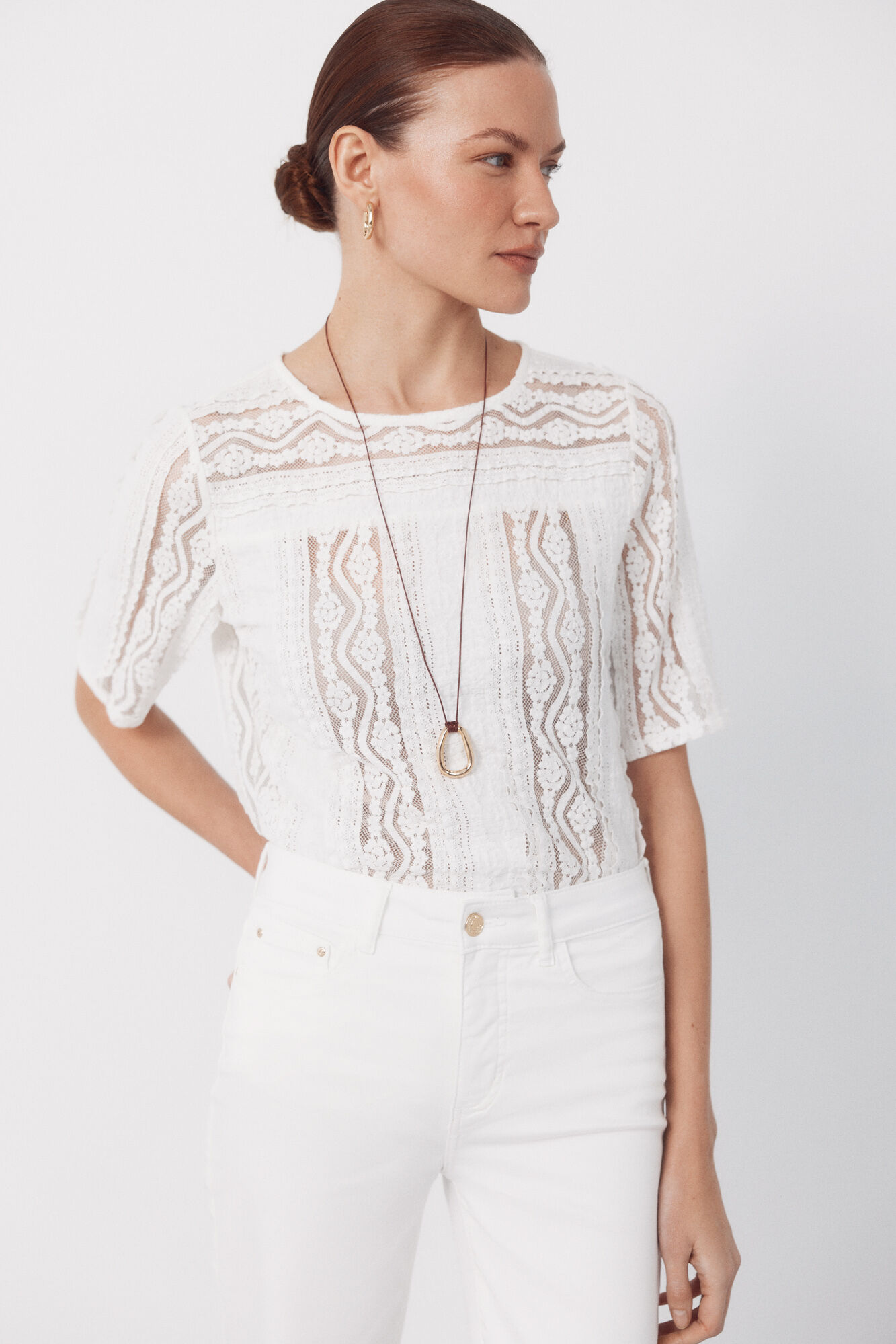 Cortefiel Top encaje Blanco