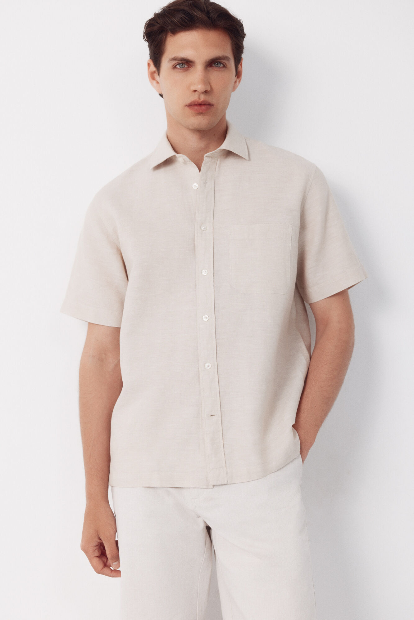 Cortefiel Plain cotton linen short sleeve shirt
