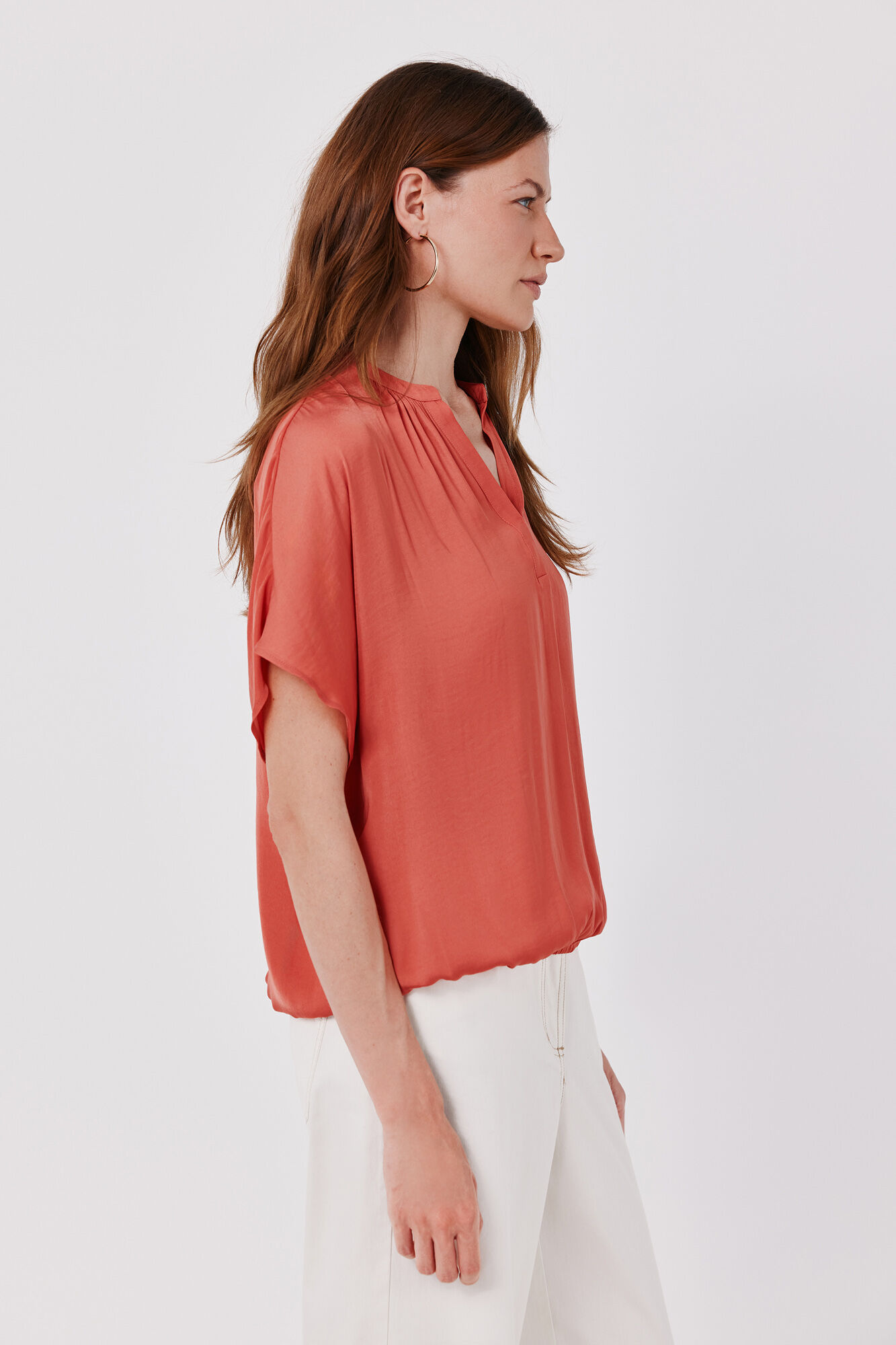 Cortefiel Satin-finish short sleeve blouse Coral