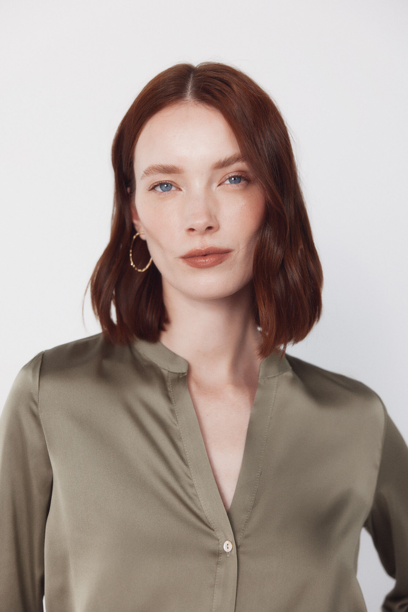 Cortefiel Printed satin mandarin shirt Kaki
