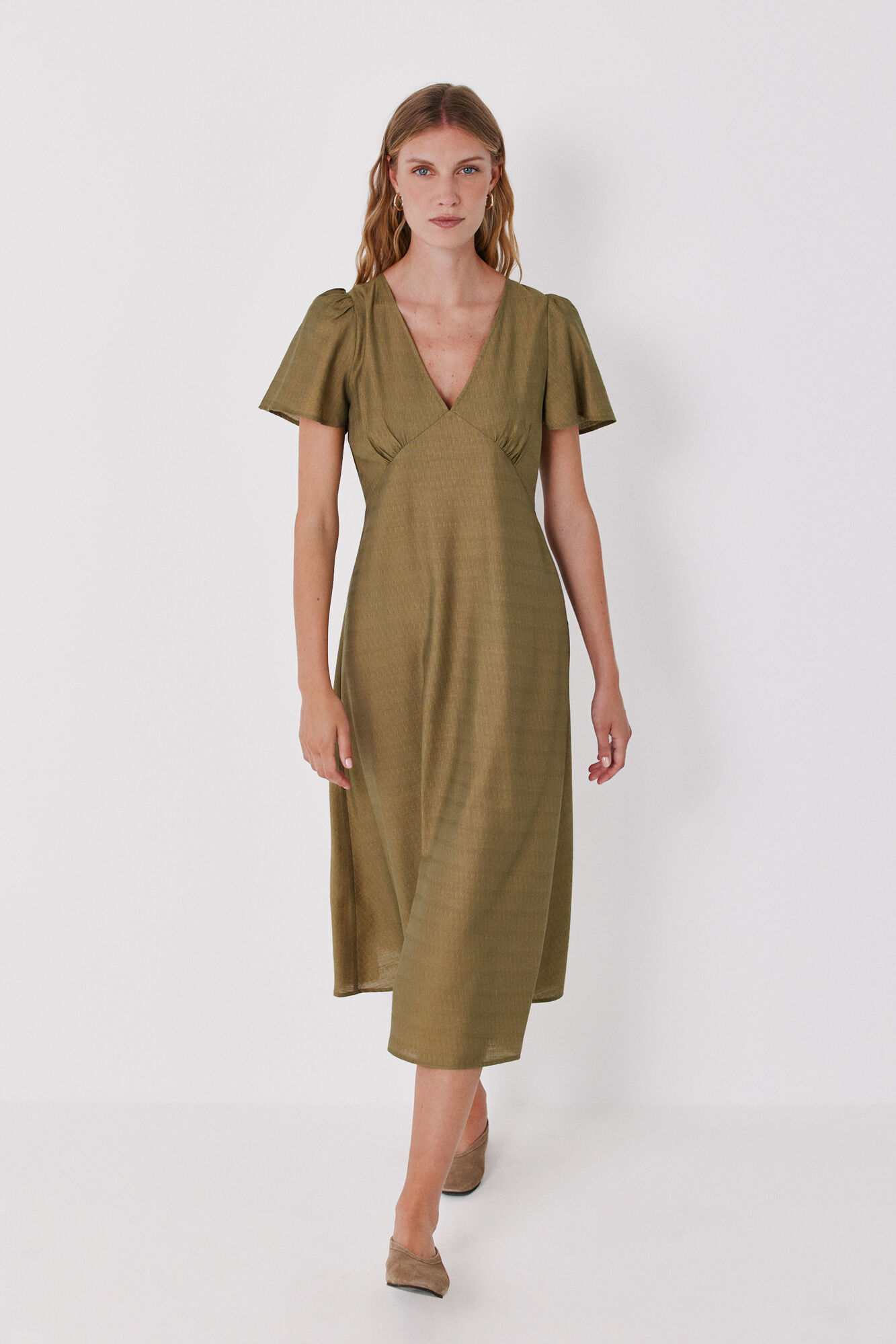 Cortefiel V-neck flutter sleeve dress