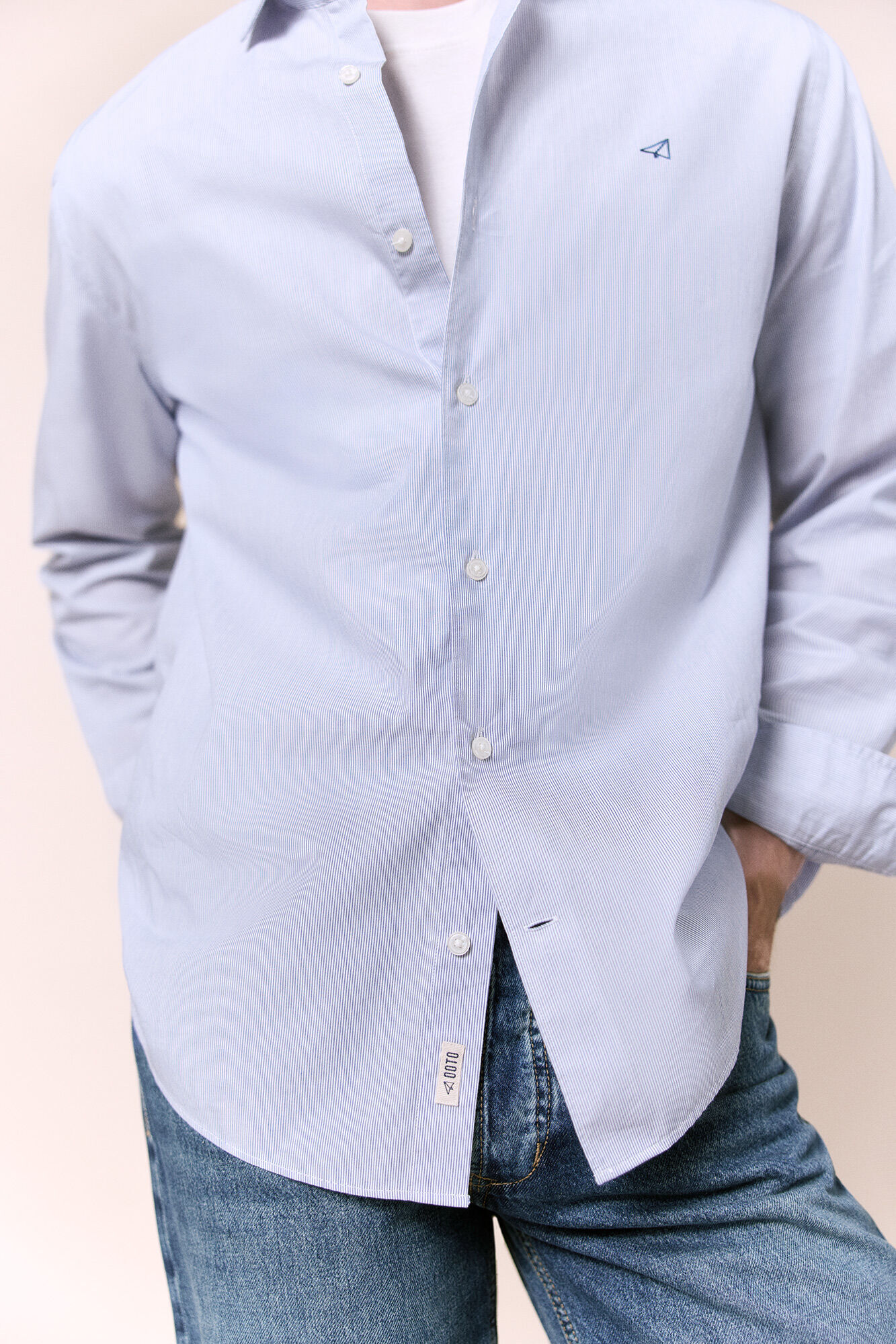 OOTO Camisa &agrave;s riscas manga comprida em popelina Azul
