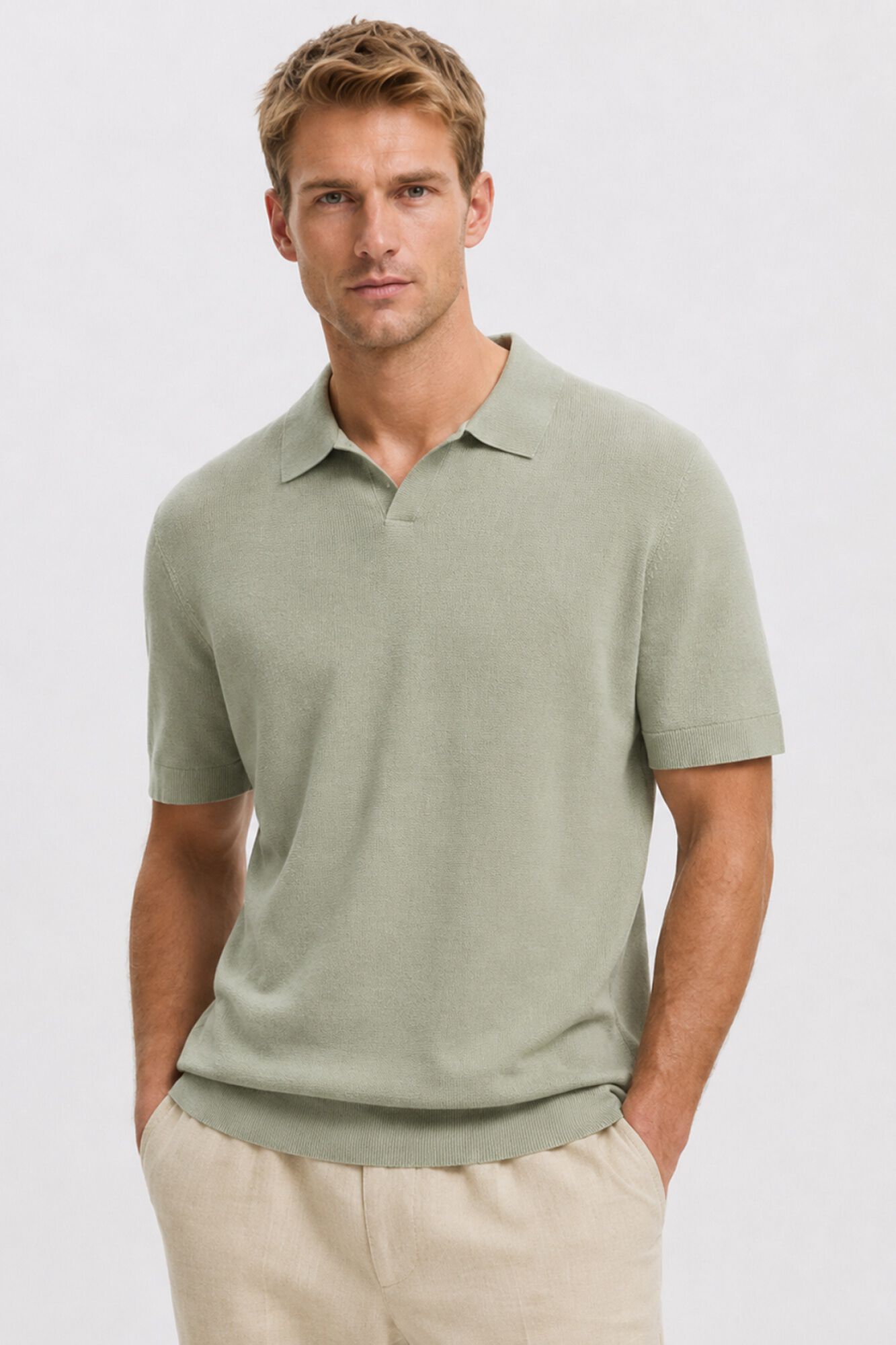 Selected Polo de malha com gola aberta Verde