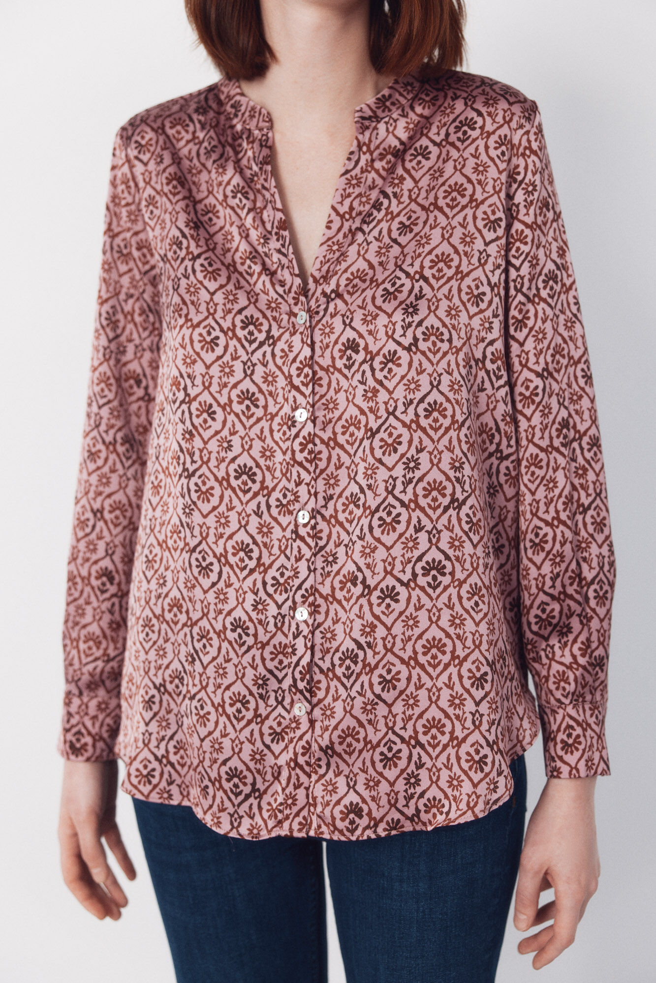Cortefiel Printed satin mandarin shirt Printed red