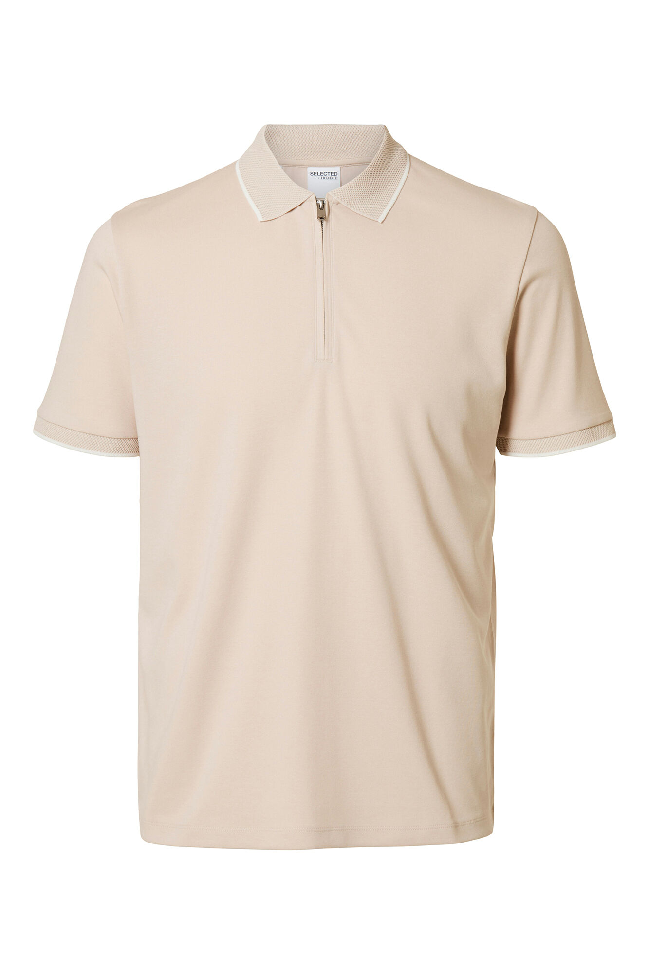 Selected Short sleeve polo shirt with zip fastening Beige
