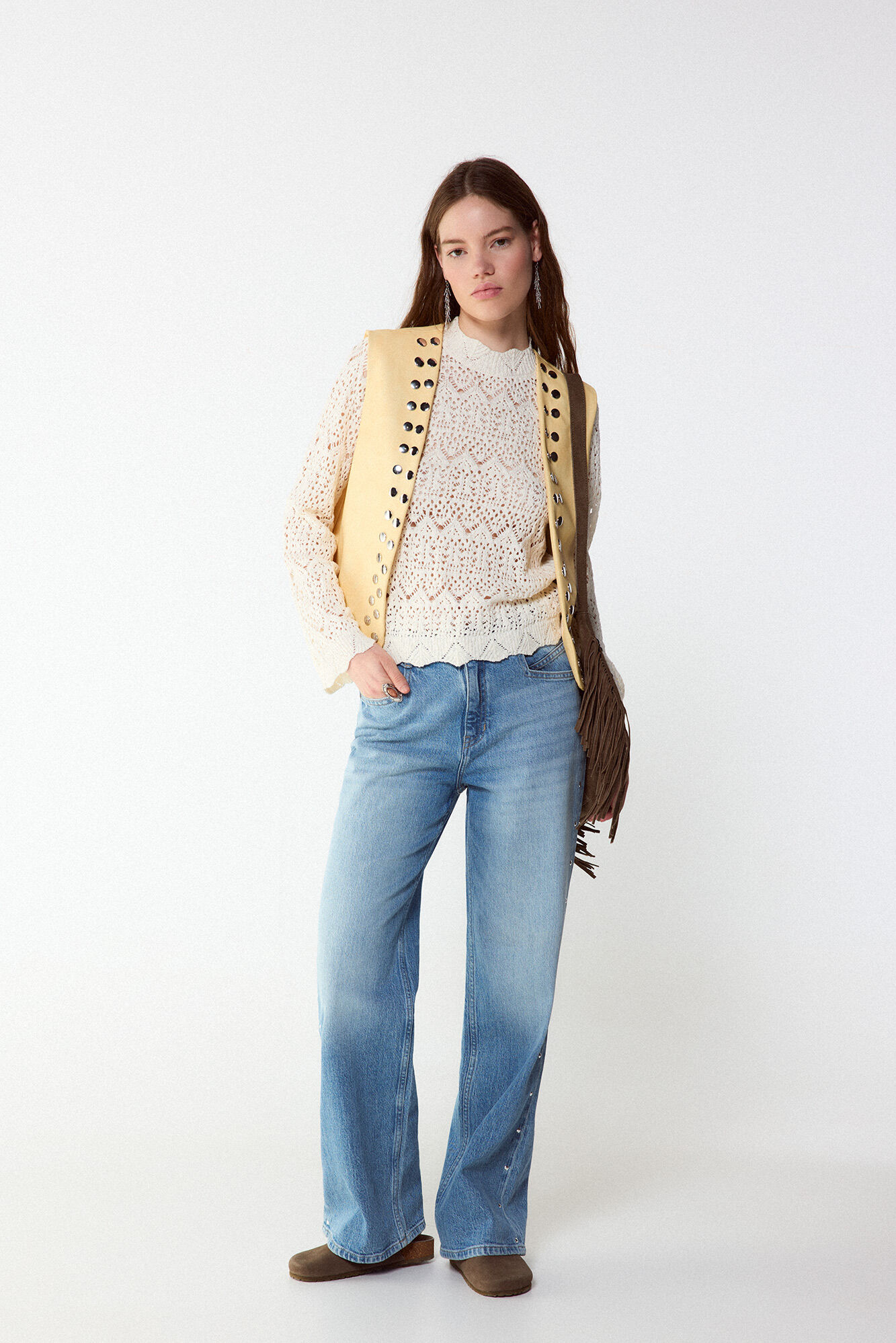 Slowlove Camisola de malha perfurada gola perkins Ecru