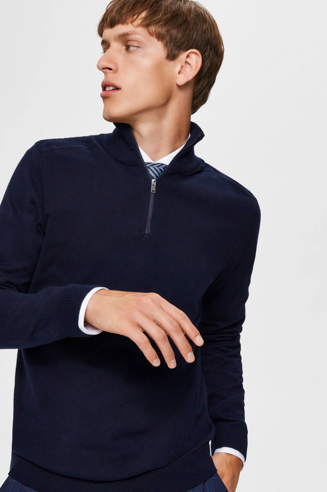 Selected Malha 100% camisola com meia fecho-&eacute;clair . Azul