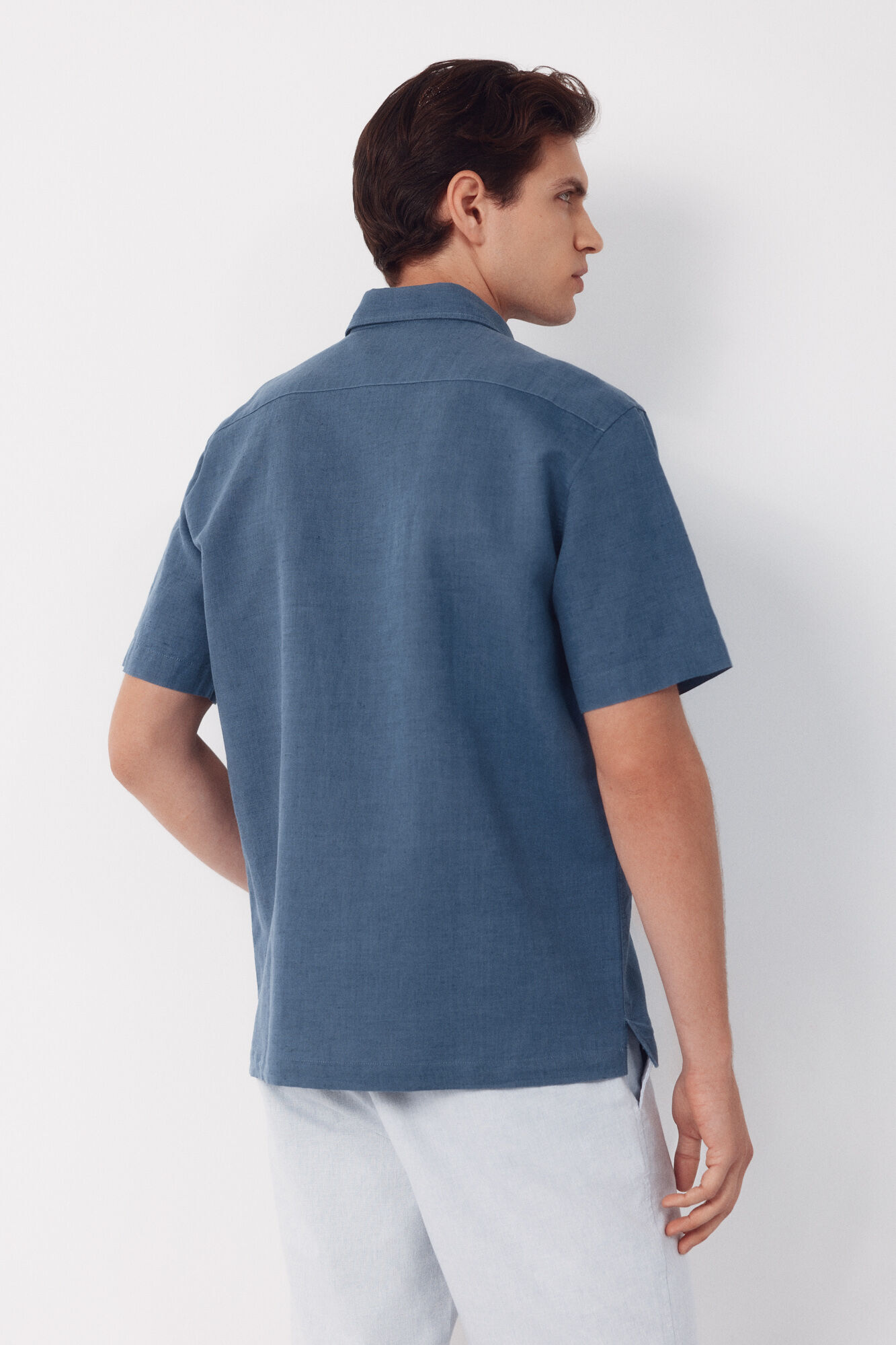 Cortefiel Plain cotton linen short sleeve shirt Navy