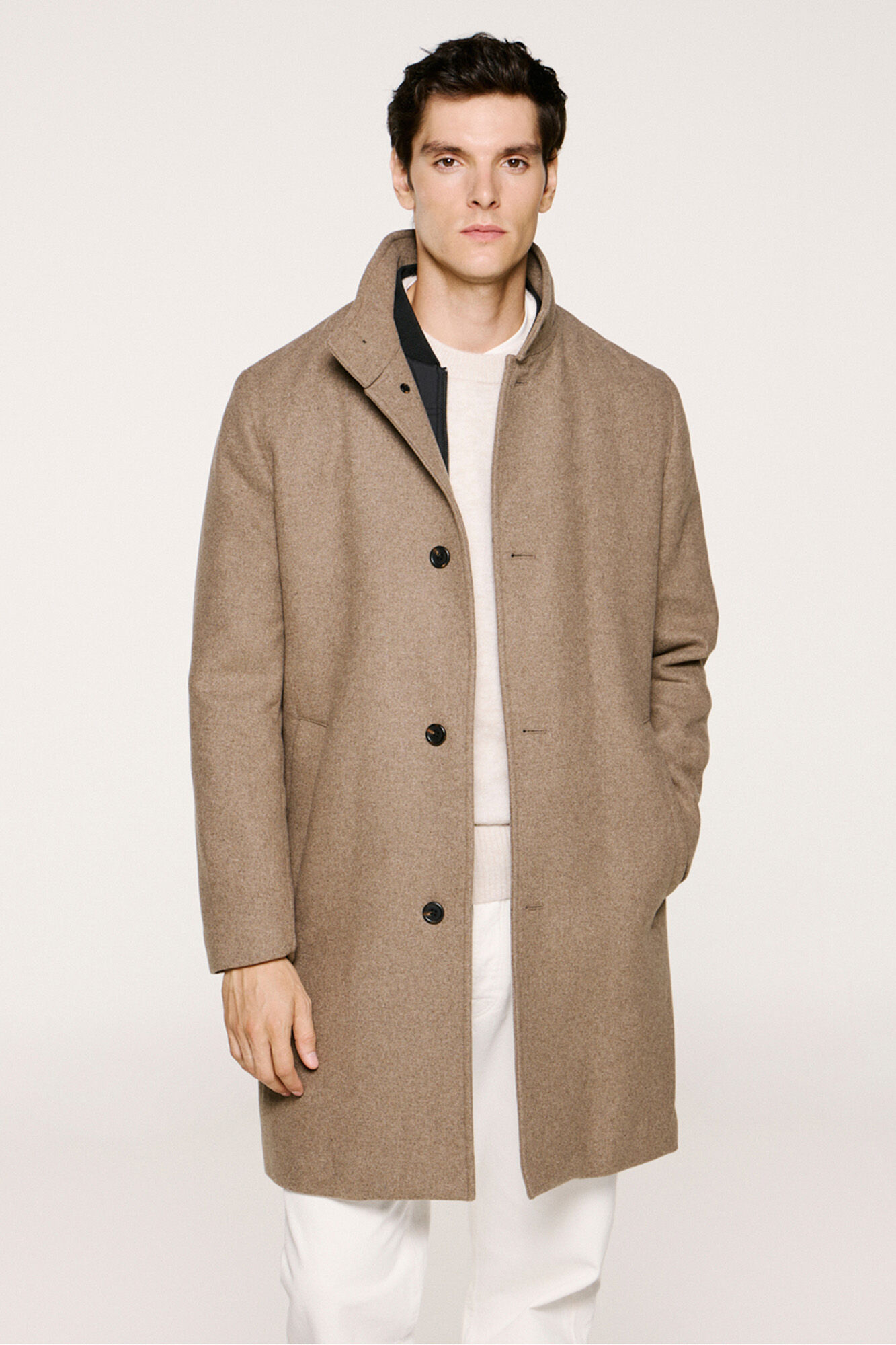 Selected Wool coat with a funnel neck   Grey