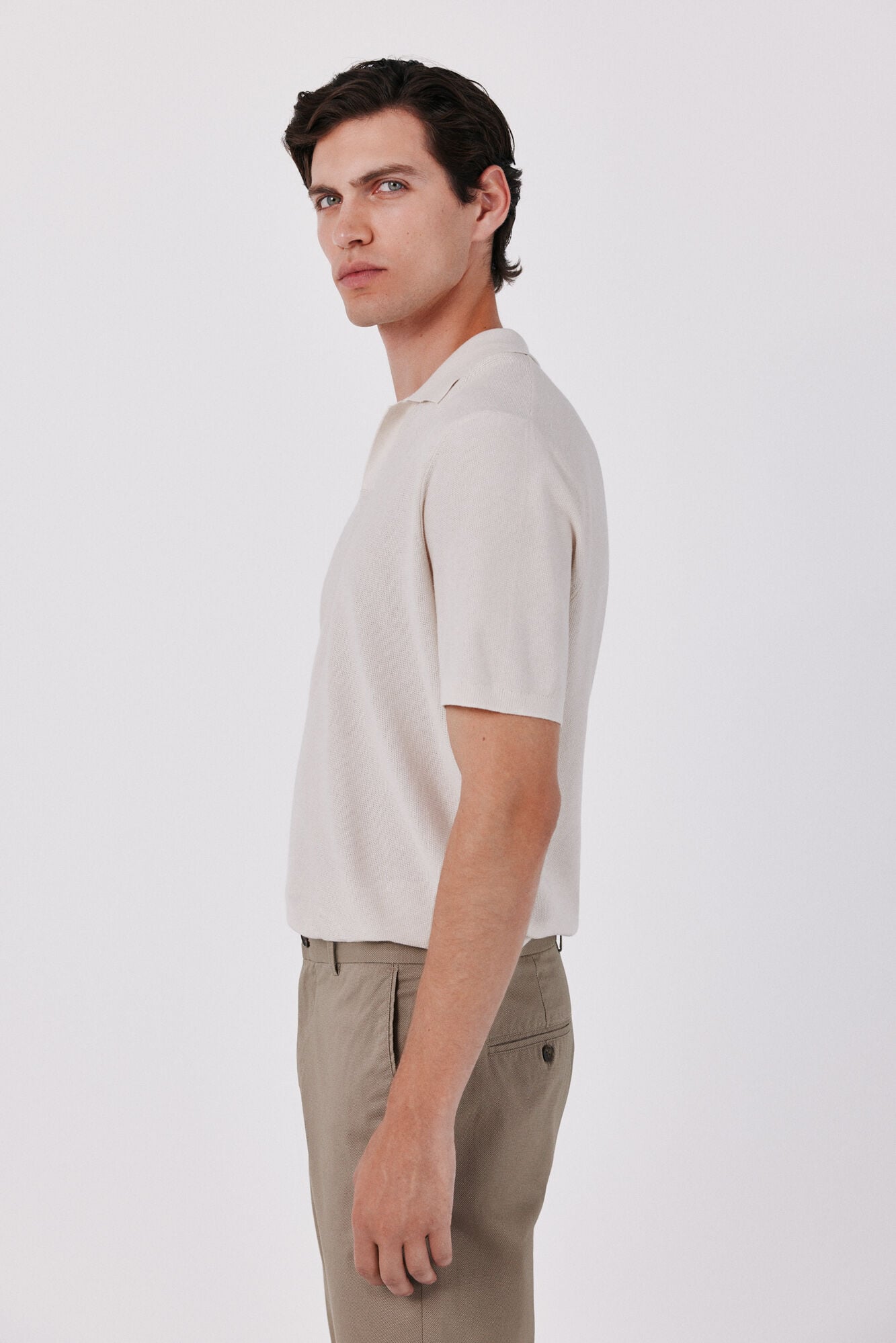 Cortefiel Cotton knit short sleeve polo shirt Ivory