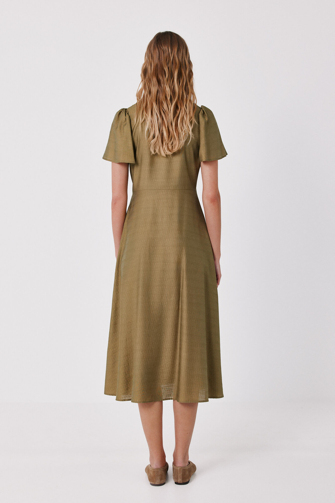 Cortefiel V-neck flutter sleeve dress Green