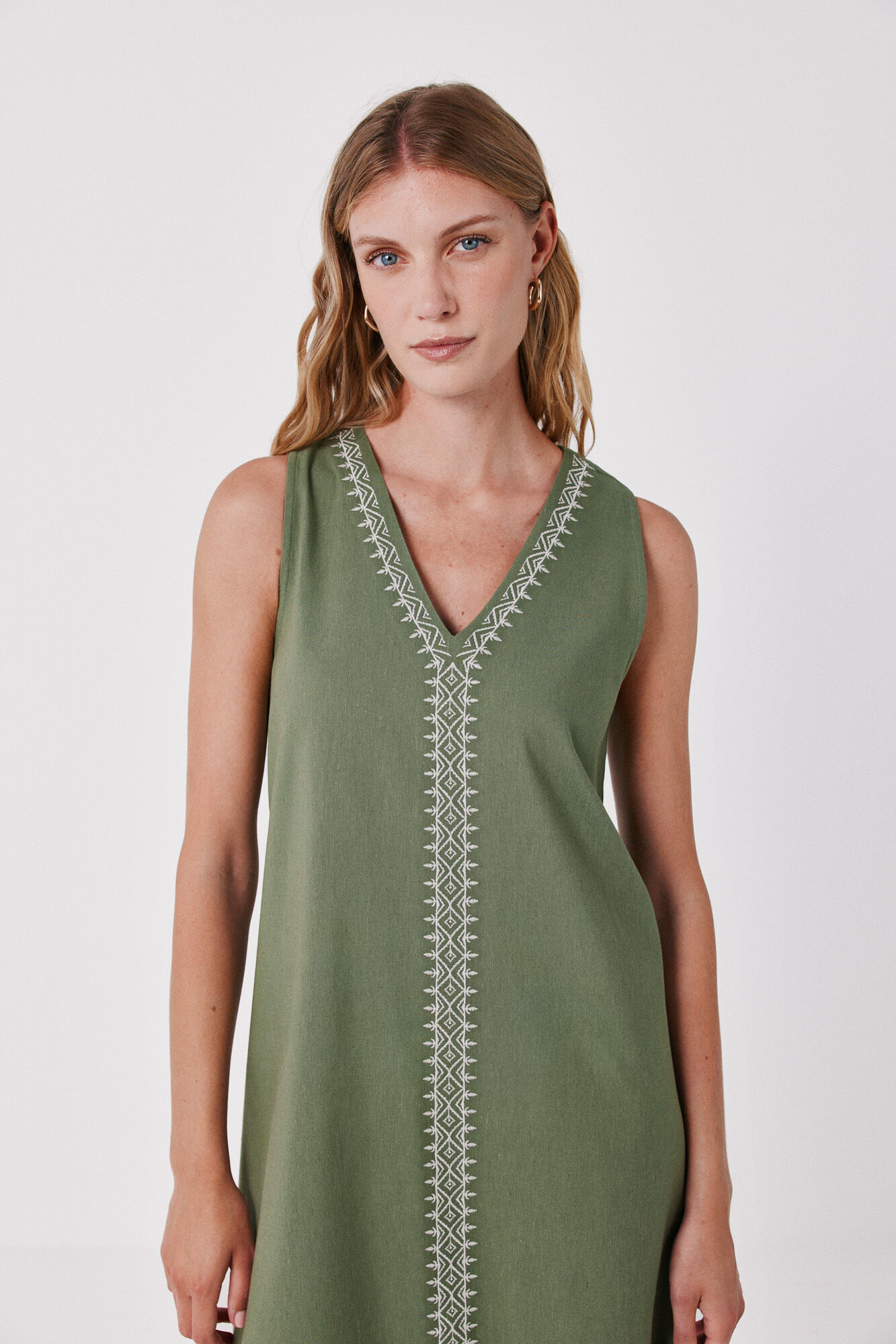 Cortefiel Embroidered dress Kaki
