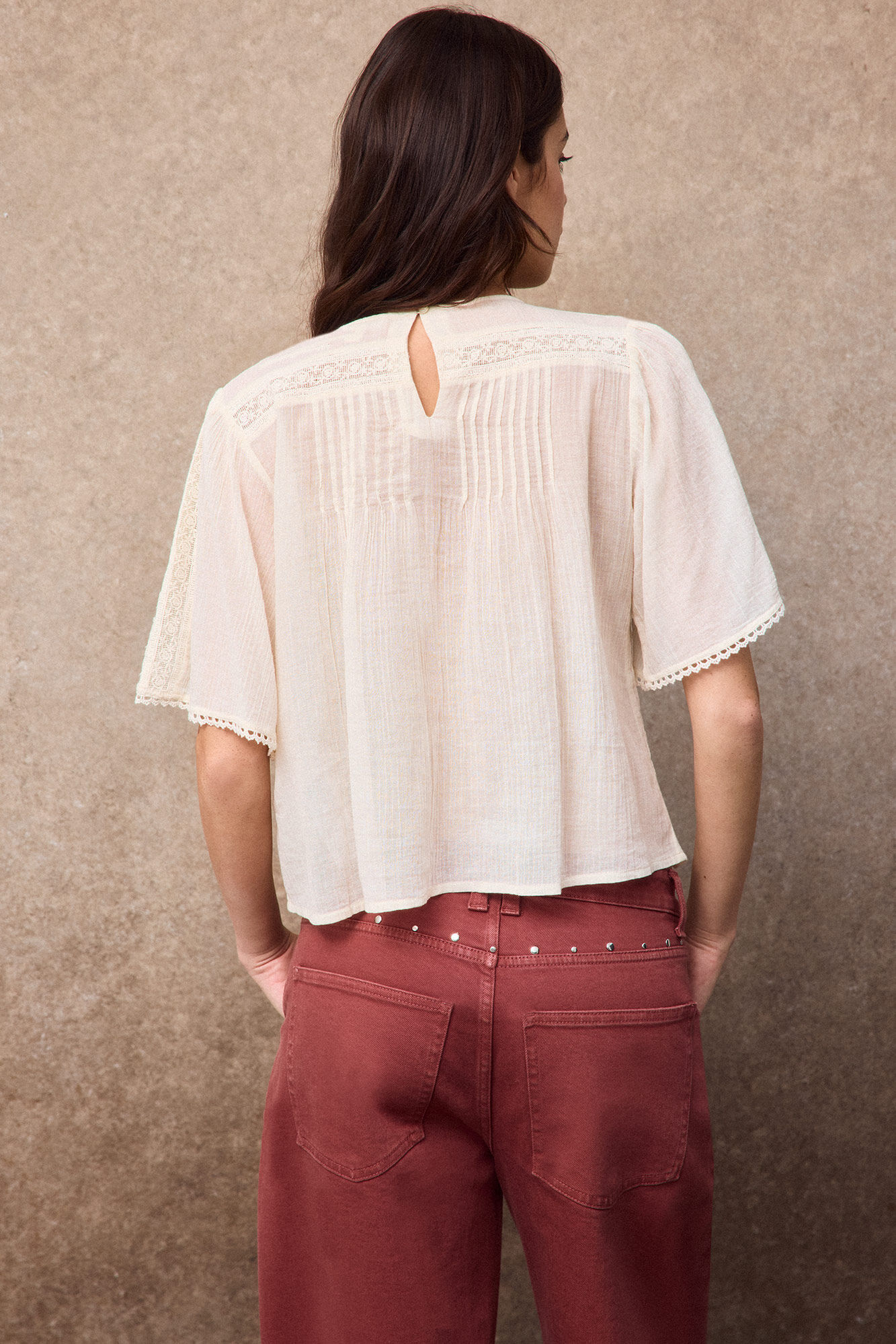 Slowlove Blusa com detalhes de renda Ecru