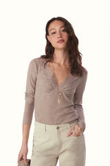 Slowlove Top com estrutura e detalhes de renda Castanho