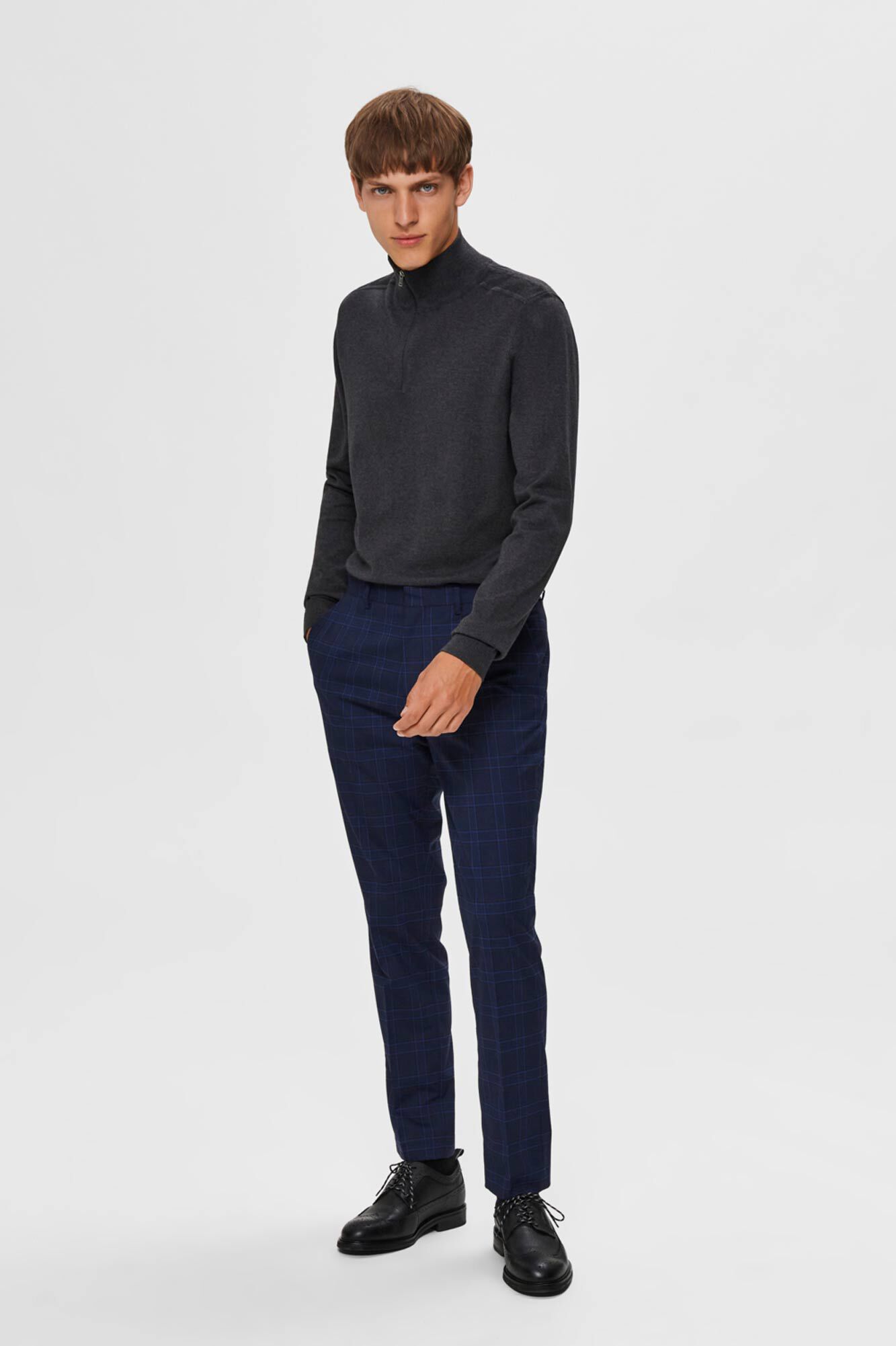 Selected 100% cotton jersey-knit jumper with half-zip fastening Dark grey