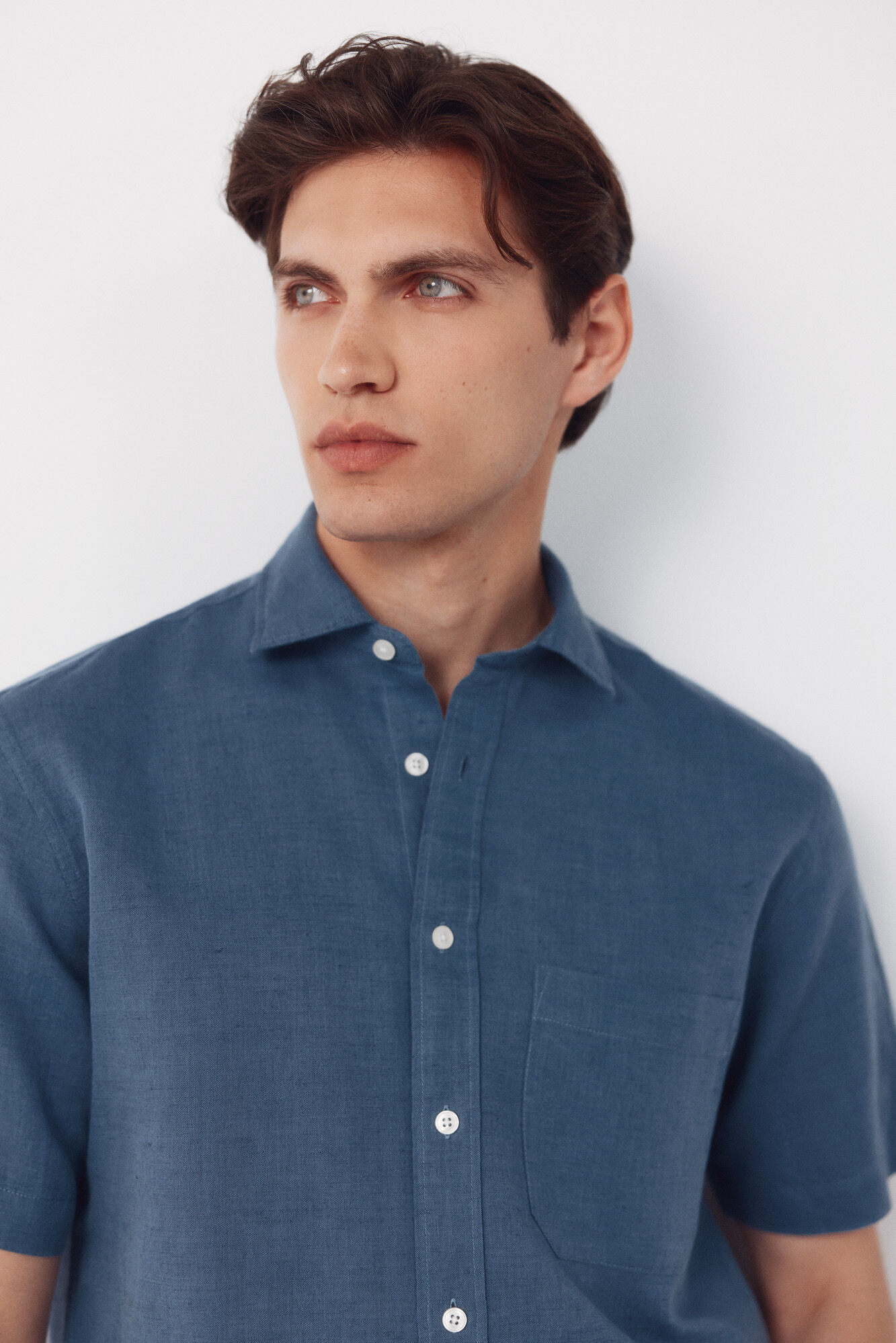 Cortefiel Plain cotton linen short sleeve shirt Navy