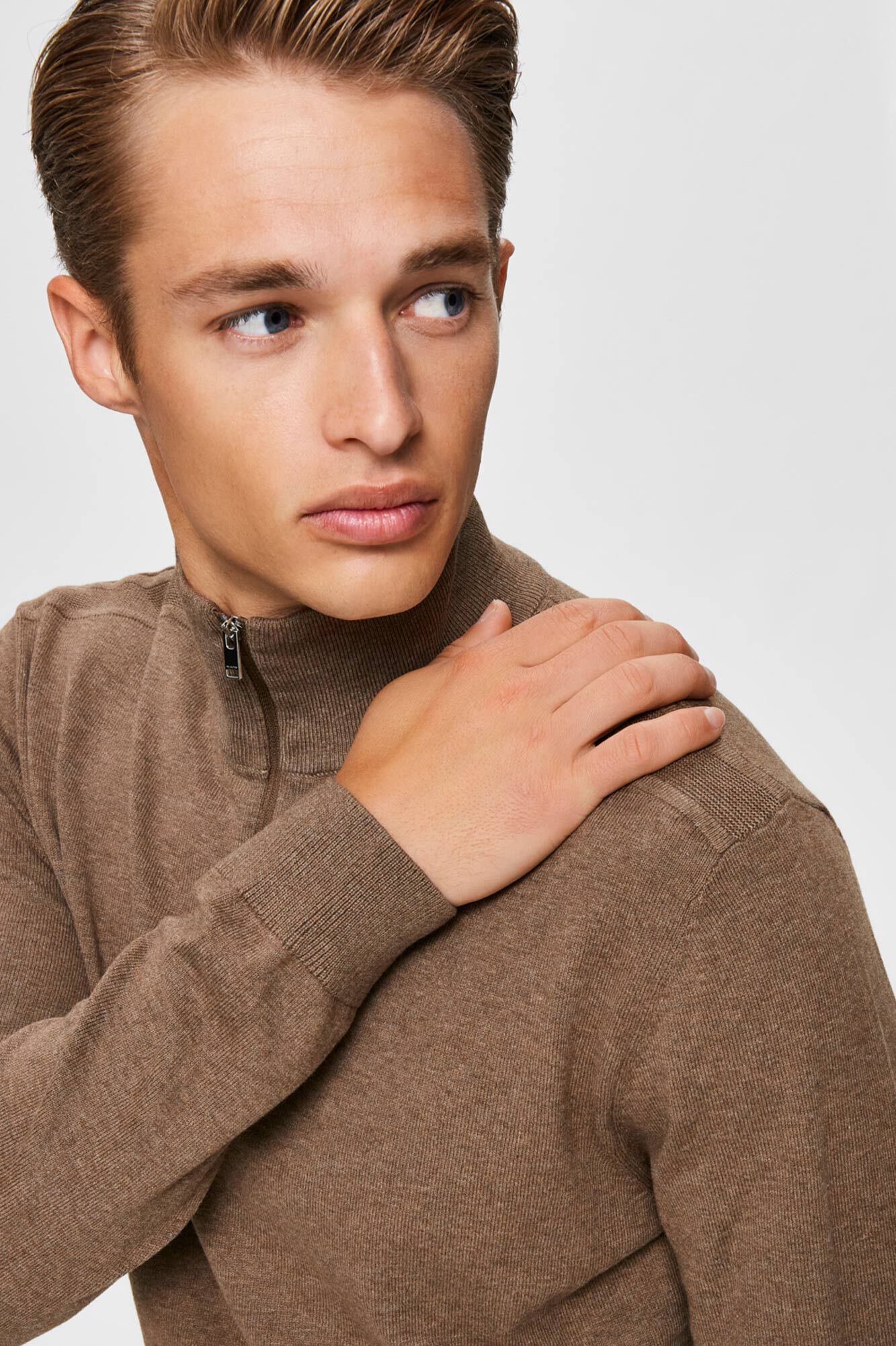 Selected 100% cotton jersey-knit jumper with half-zip fastening Brown
