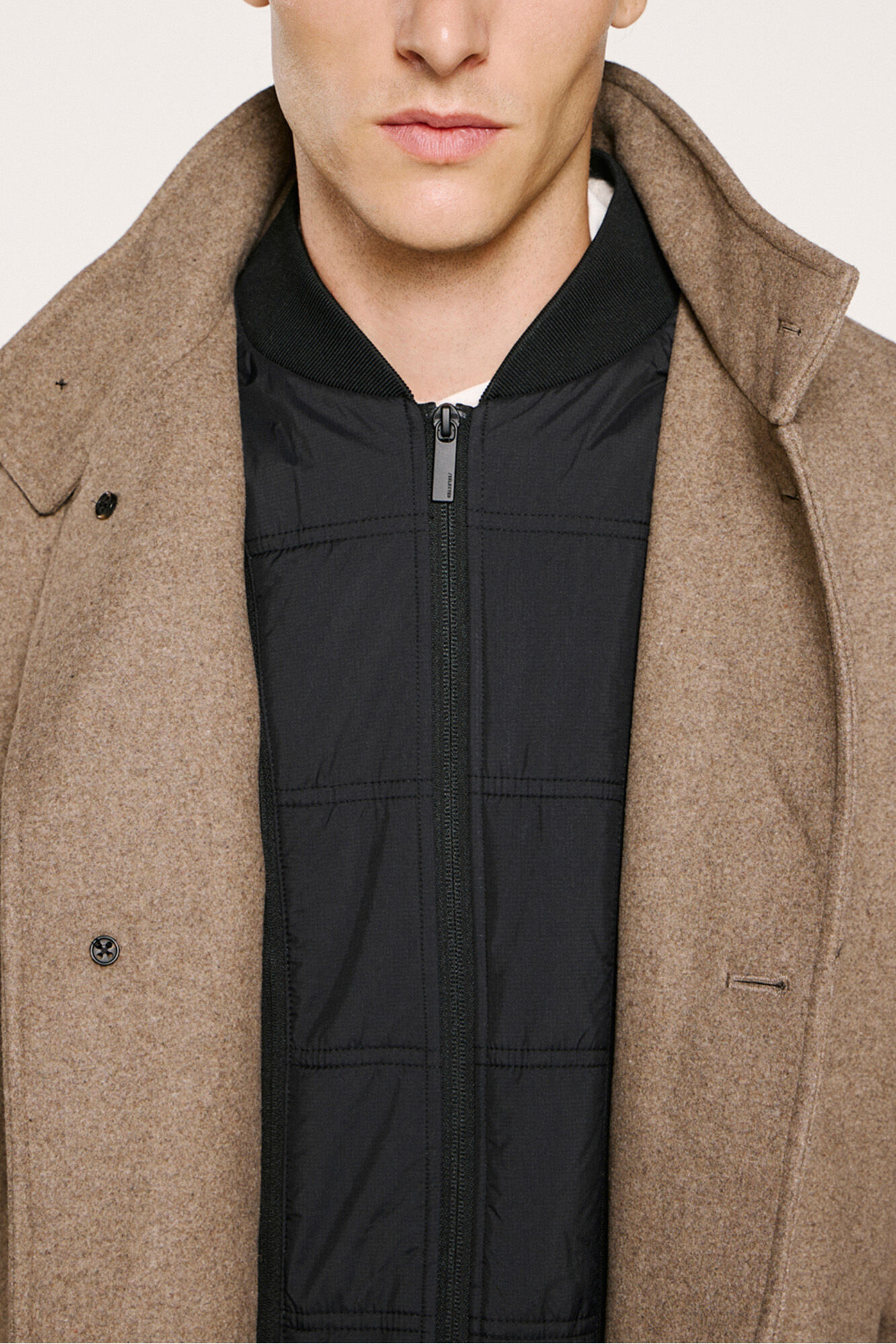 Selected Wool coat with a funnel neck   Grey