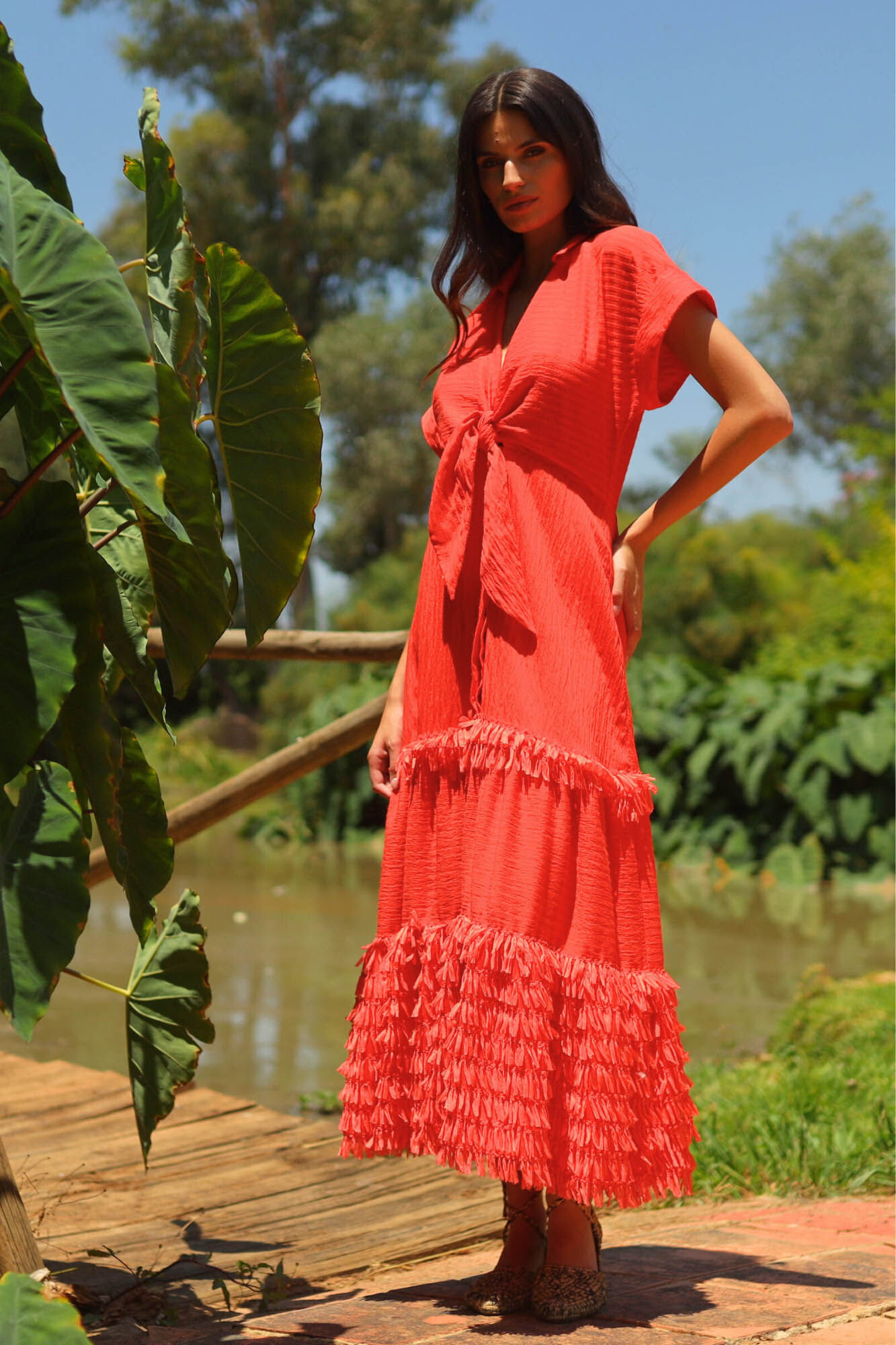 Panambi Red fringed linen dress Coral