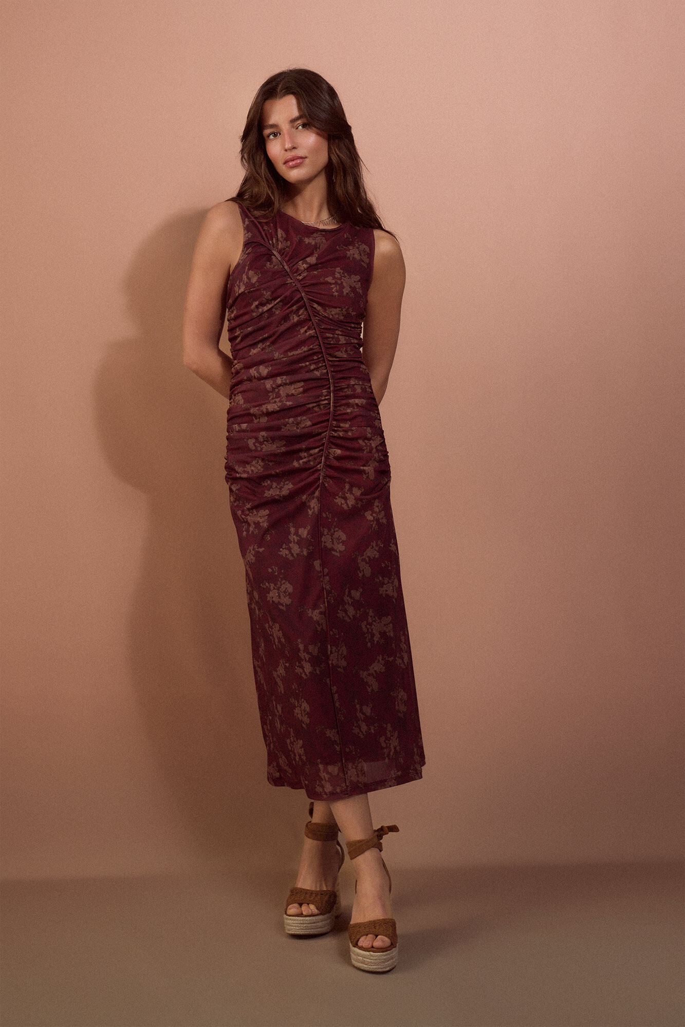 Slowlove Printed ruched dress Maroon