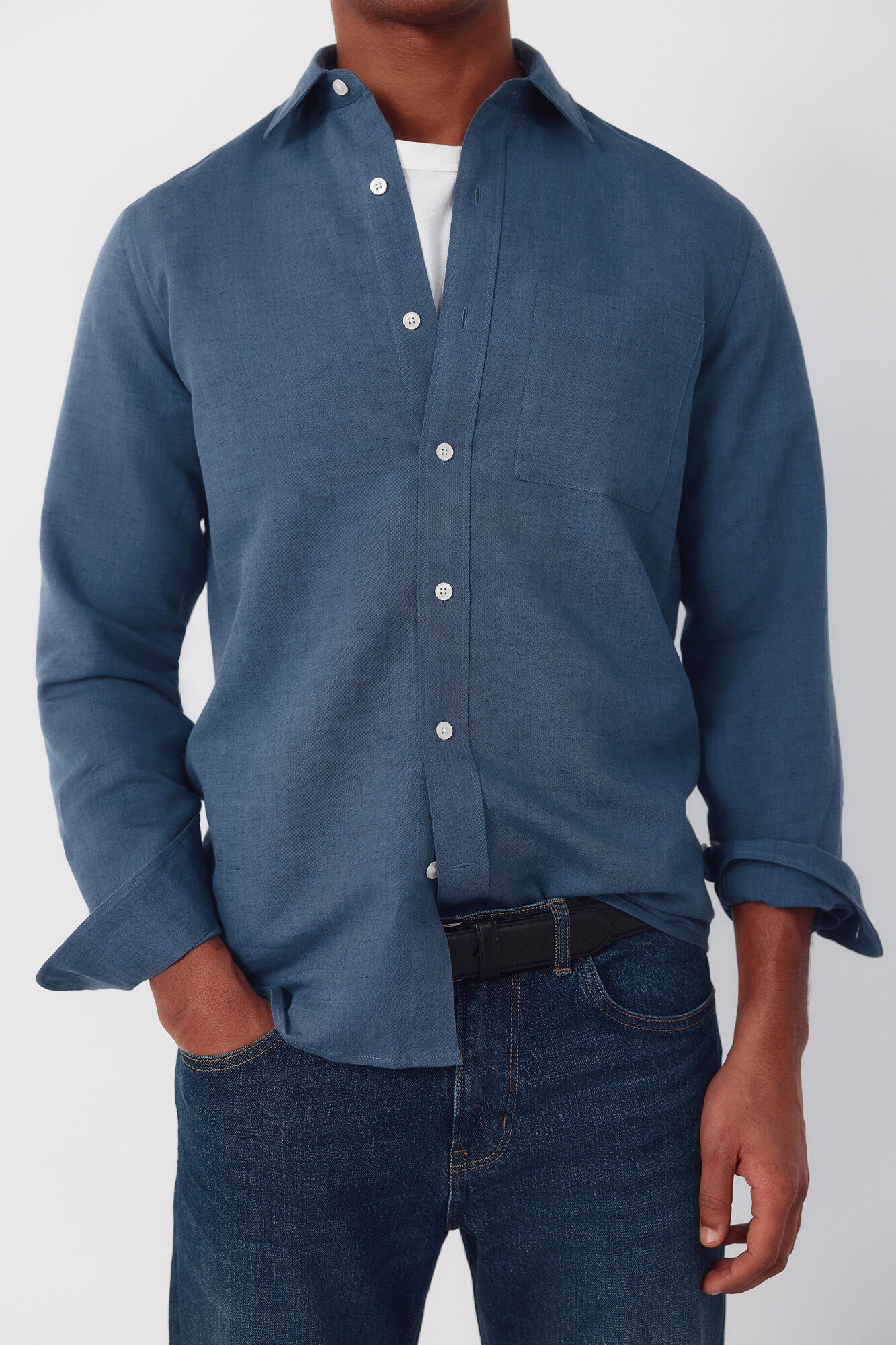 Cortefiel Camisa em linho e algod&atilde;o lisa Azul