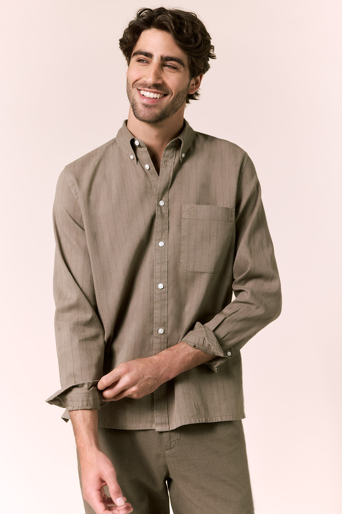 OOTO Camisa de linho de manga comprida &agrave;s riscas Verde