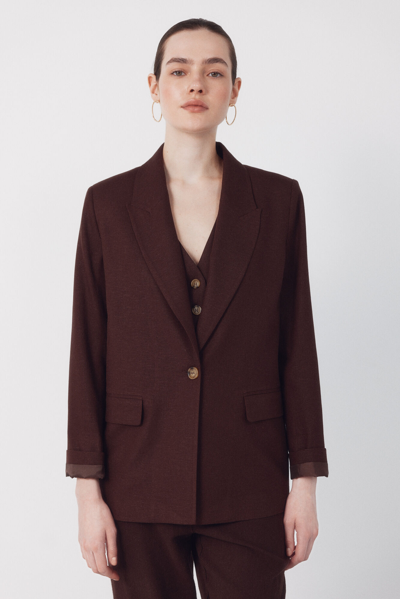 Cortefiel Blazer tejido con lino Marr&oacute;n oscuro
