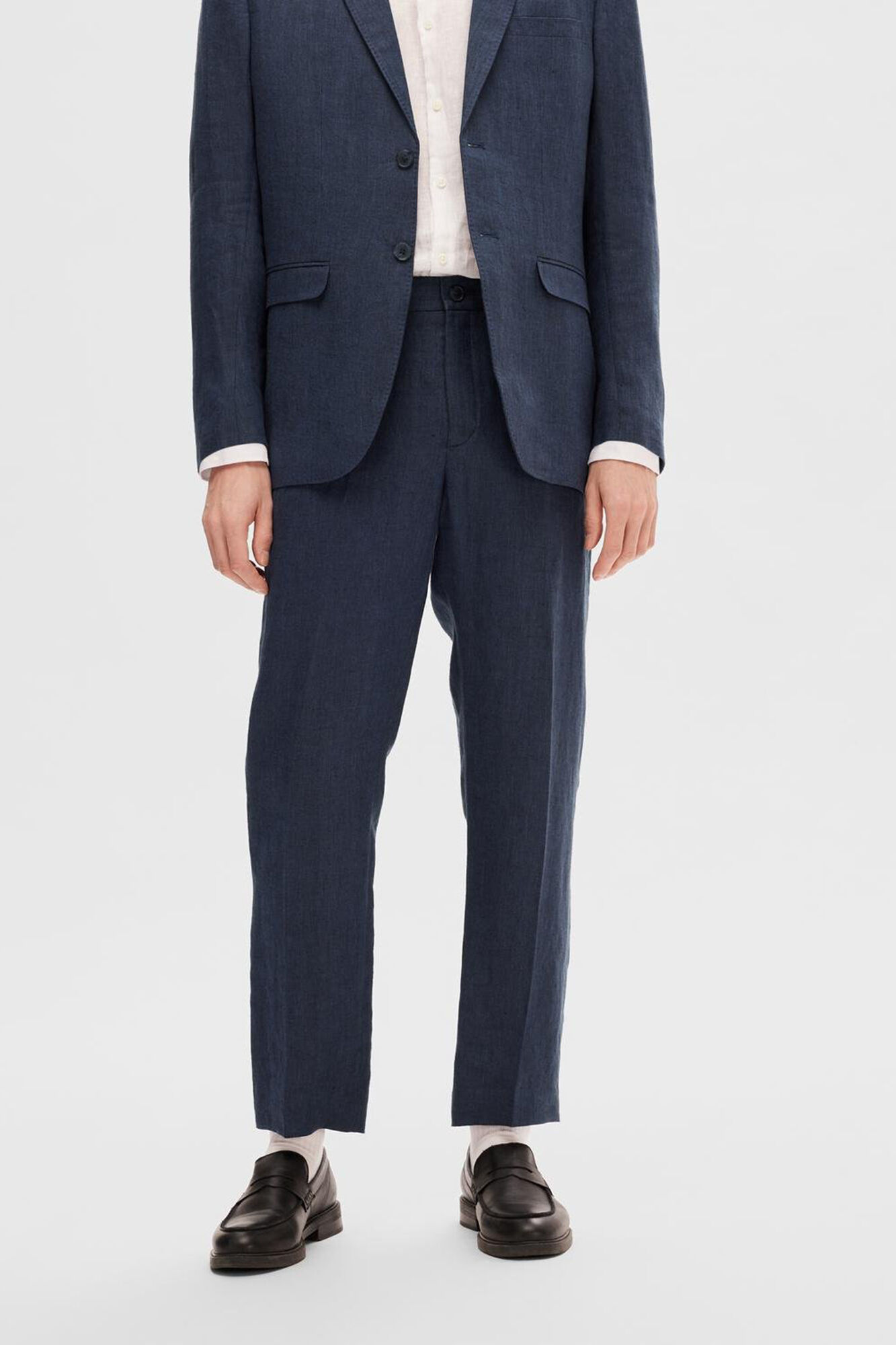 Selected 100% linen suit trousers. Navy