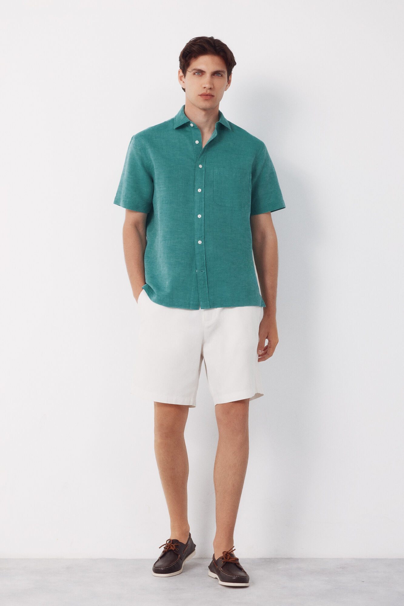 Cortefiel Plain cotton linen short sleeve shirt