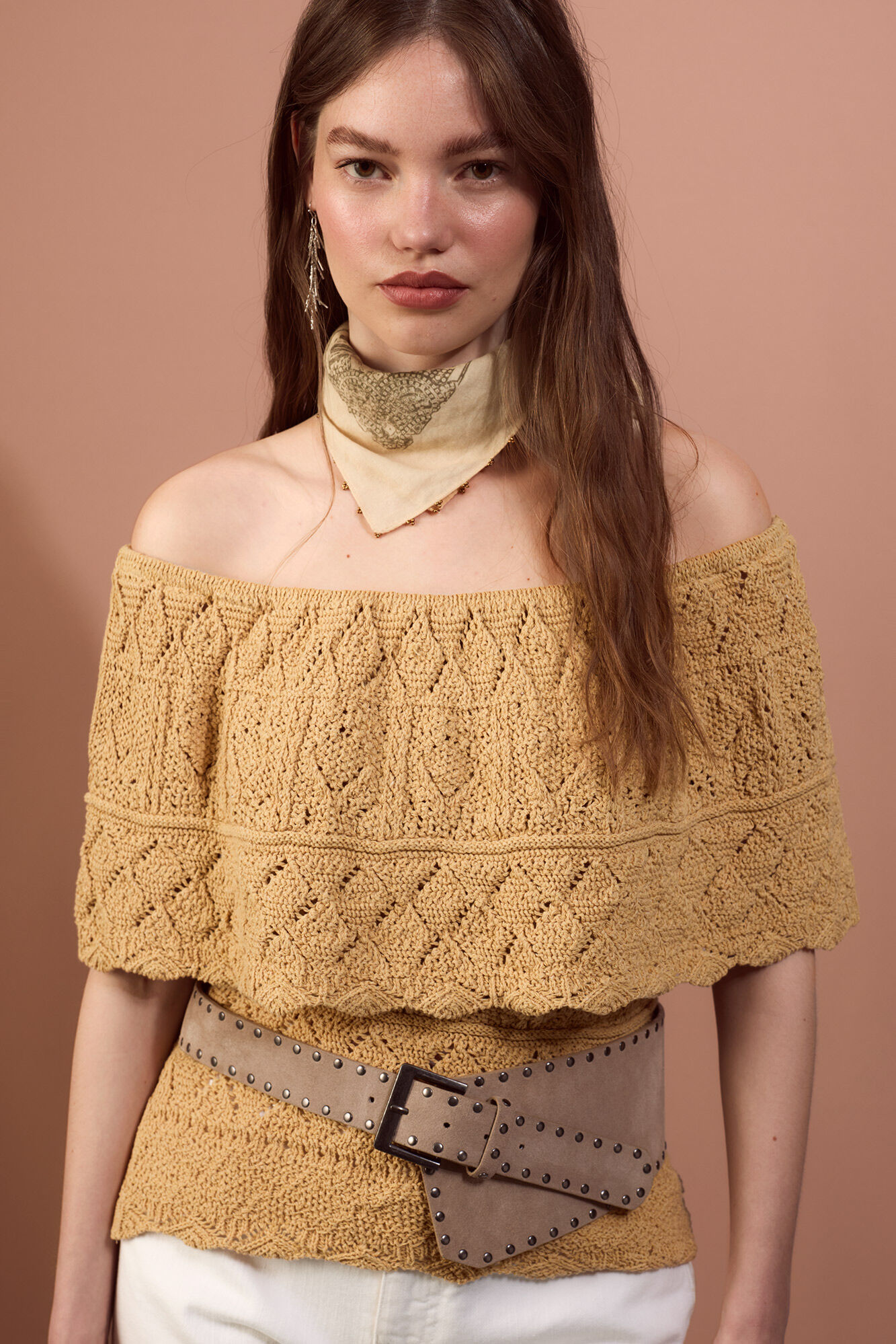 Cortefiel Off-shoulder knitted top Yellow