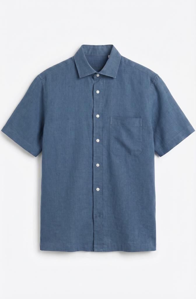 Cortefiel Plain cotton linen short sleeve shirt Navy