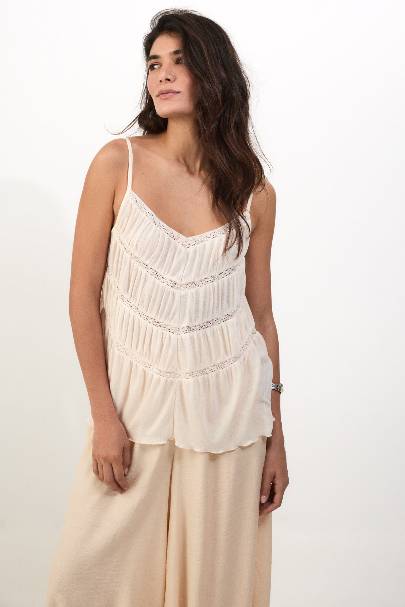 Slowlove Top tirante frunces Ecru