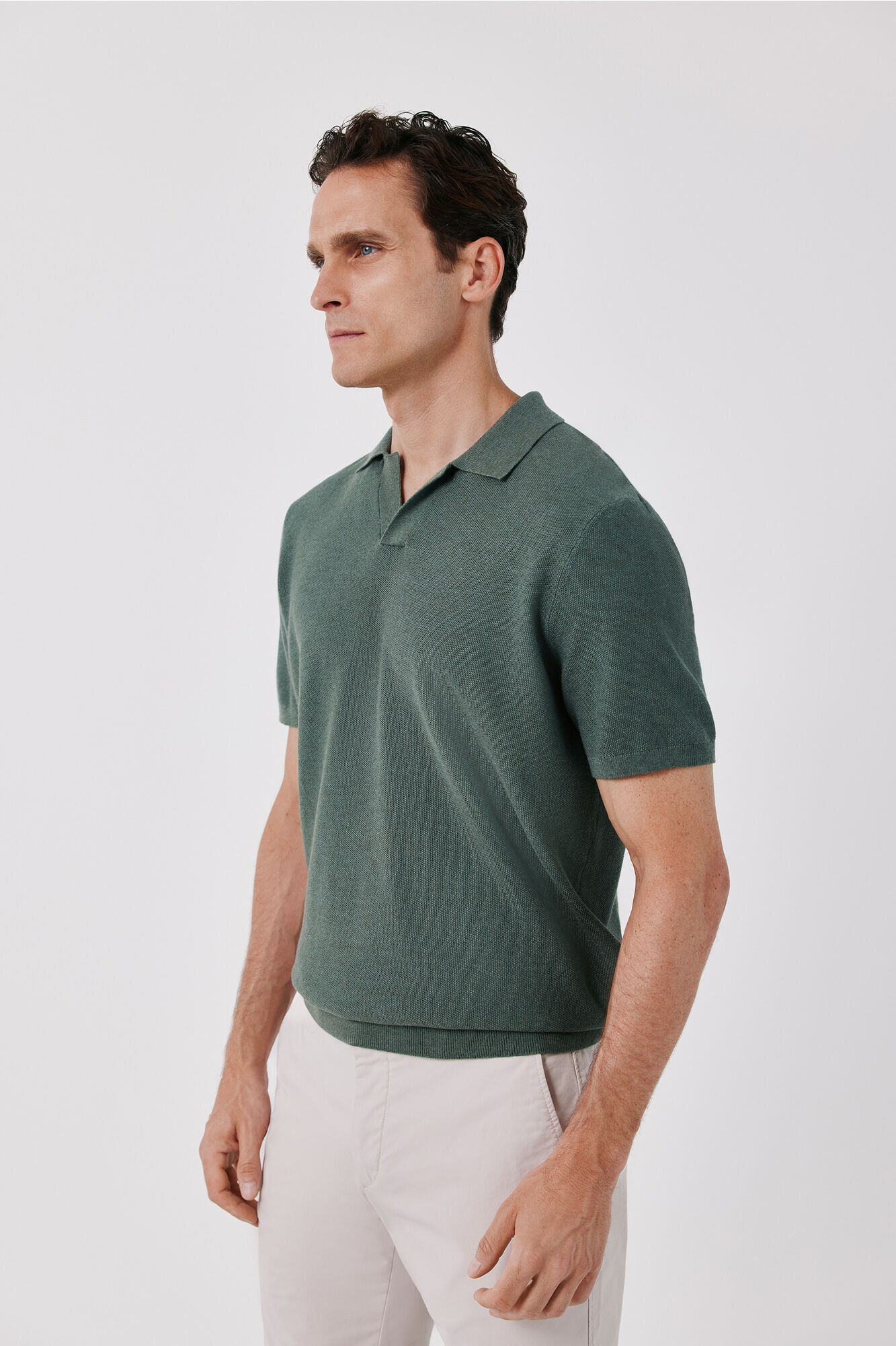 Cortefiel Cotton knit short sleeve polo shirt Kaki
