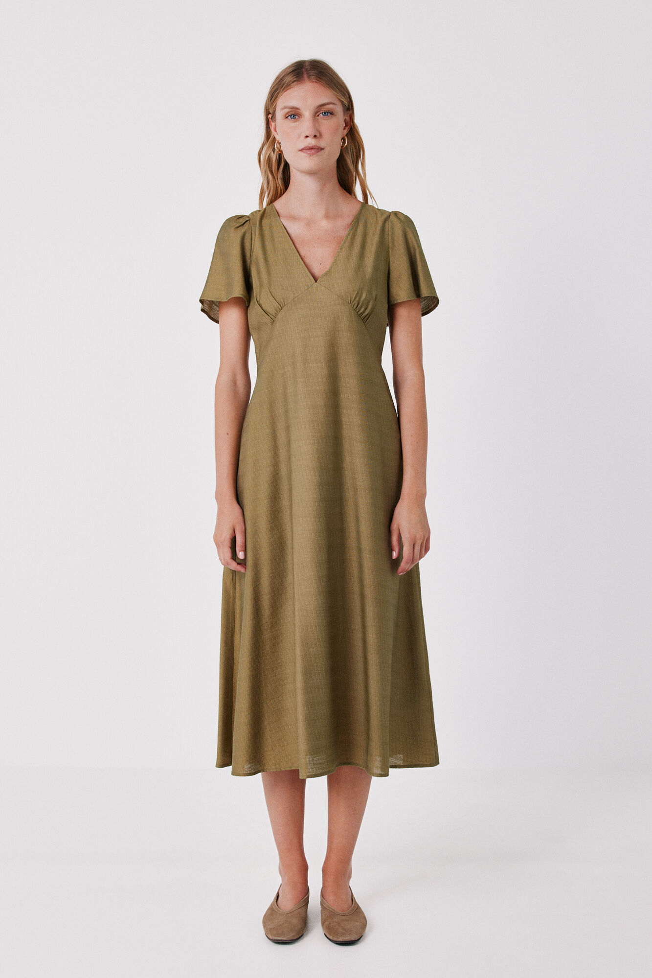 Cortefiel V-neck flutter sleeve dress