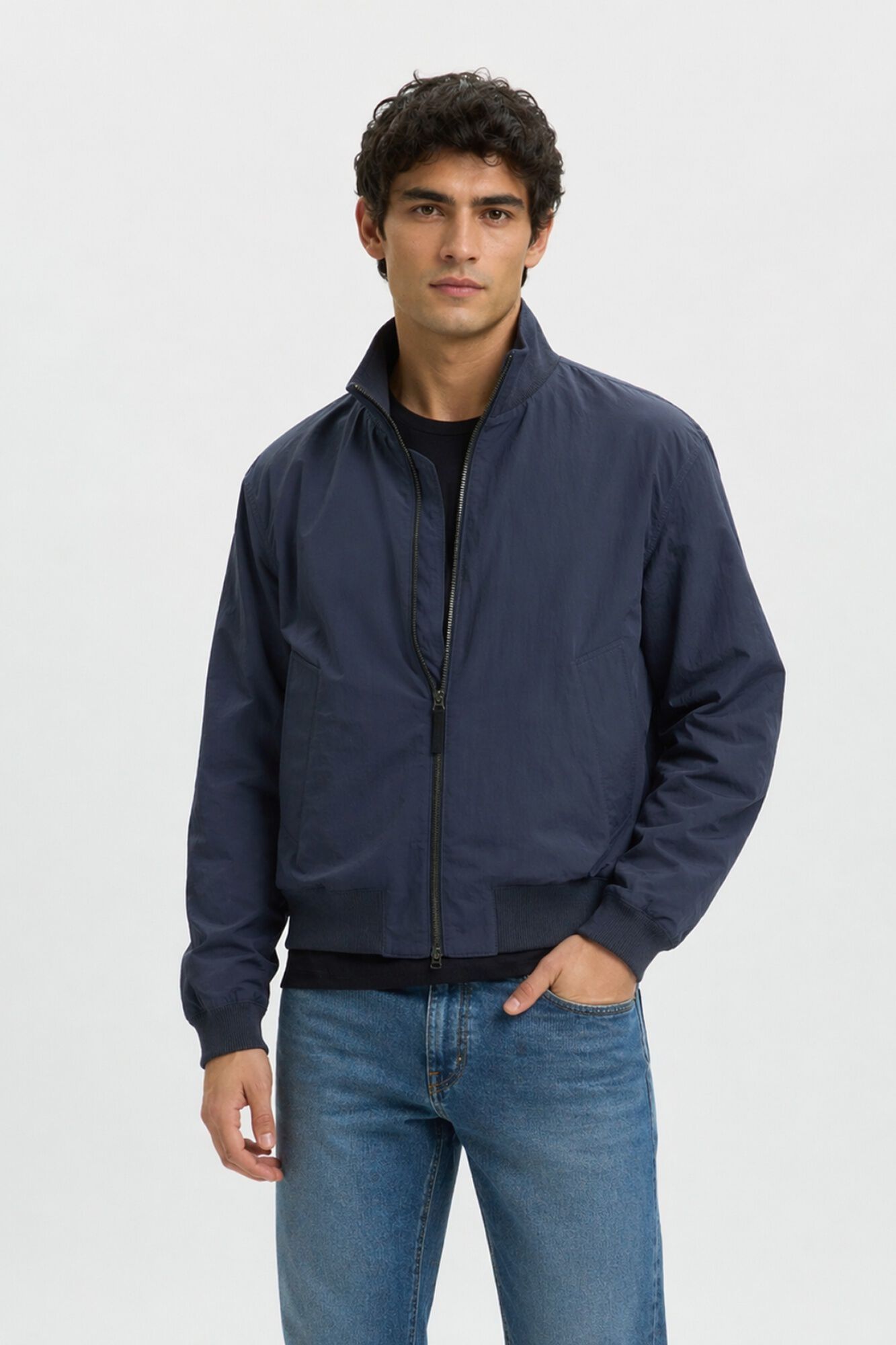 Selected Men's plain zip-fastening bomber jacket Navy