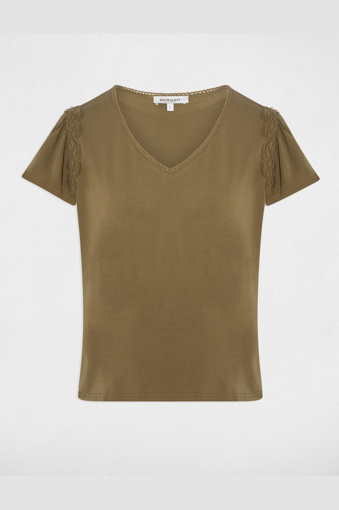 Morgan T-shirt com gola em bico e folhos Verde