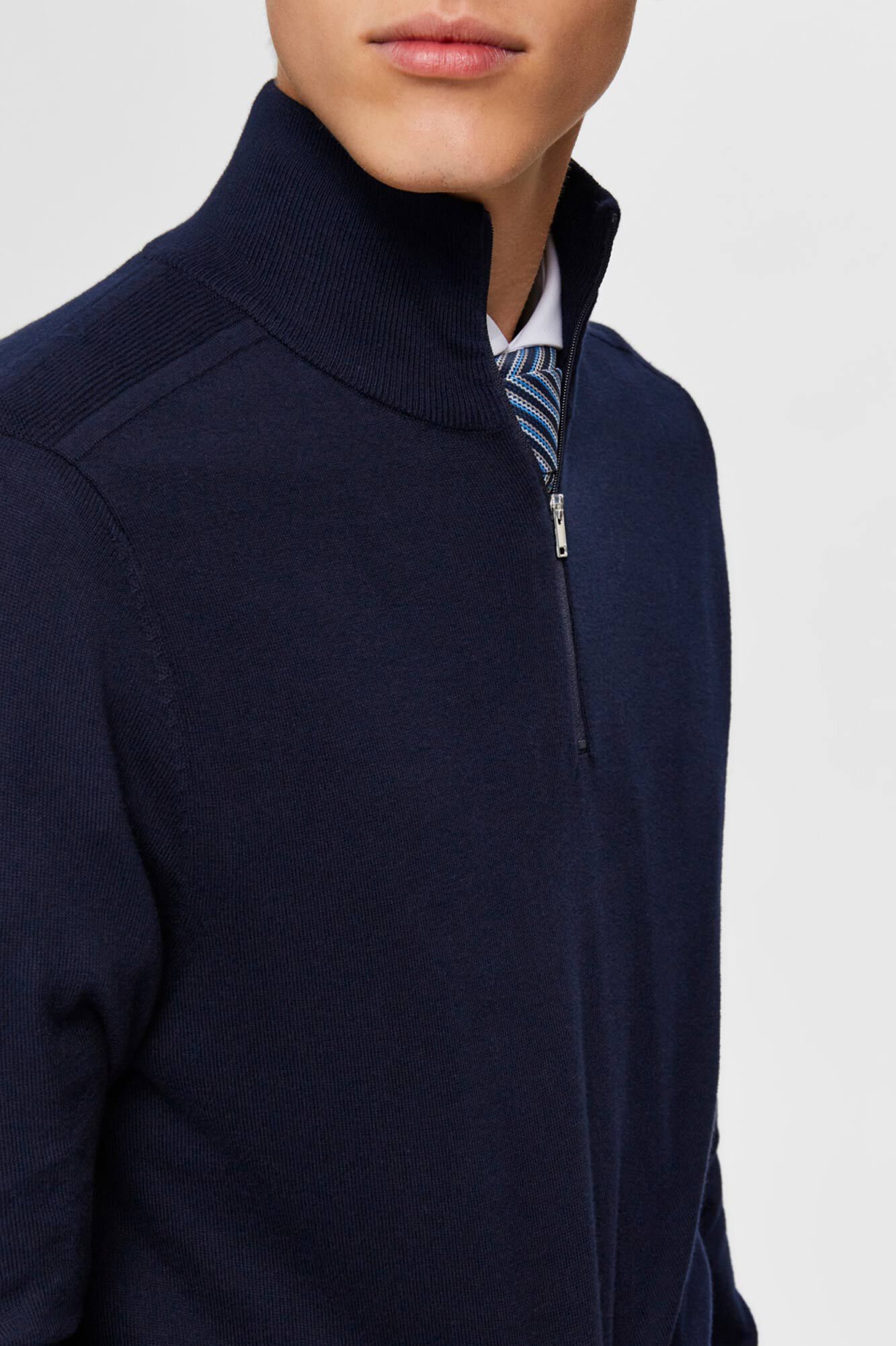 Selected Malha 100% camisola com meia fecho-&eacute;clair . Azul
