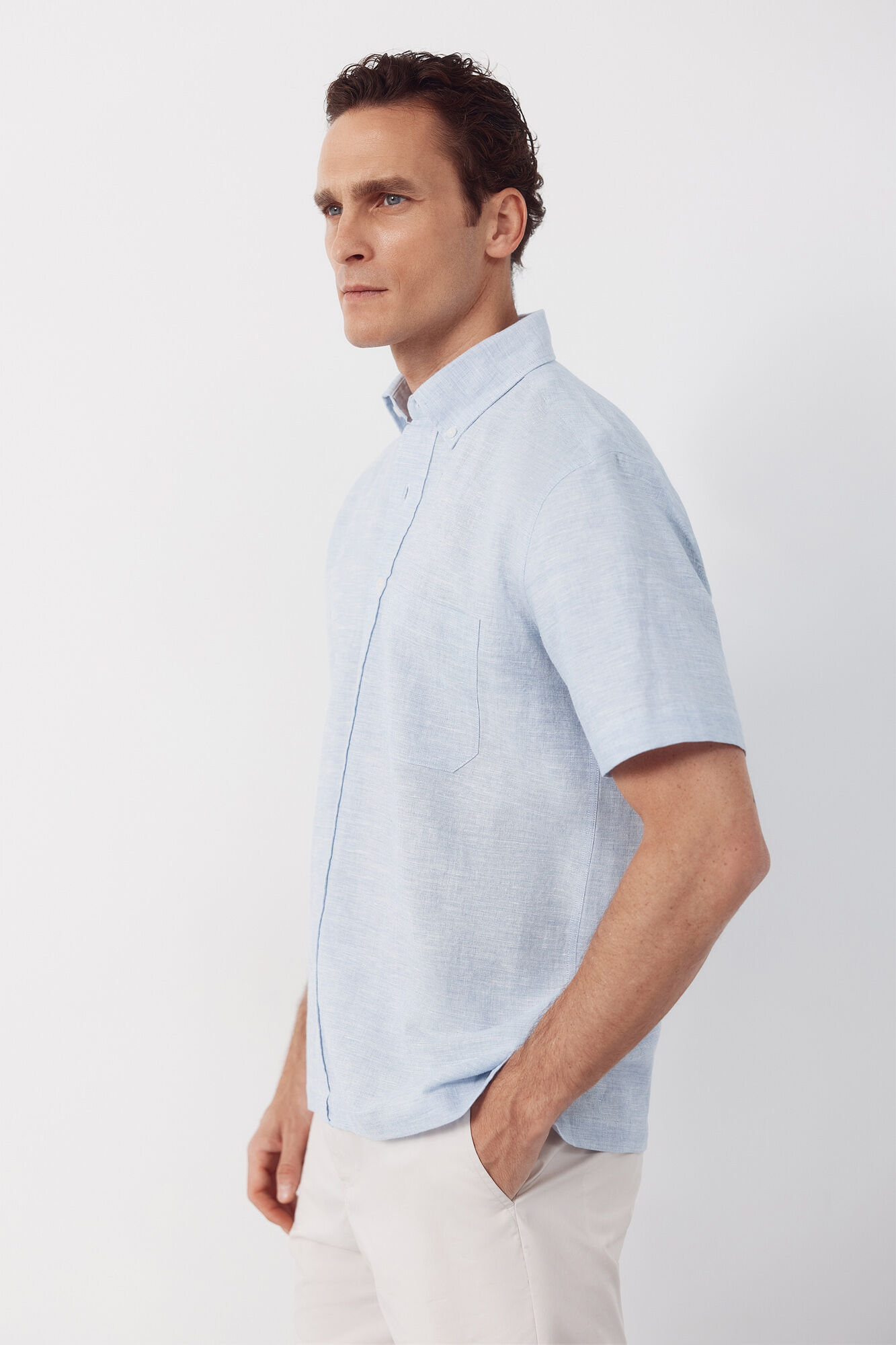 Cortefiel Linen short sleeve shirt Blue