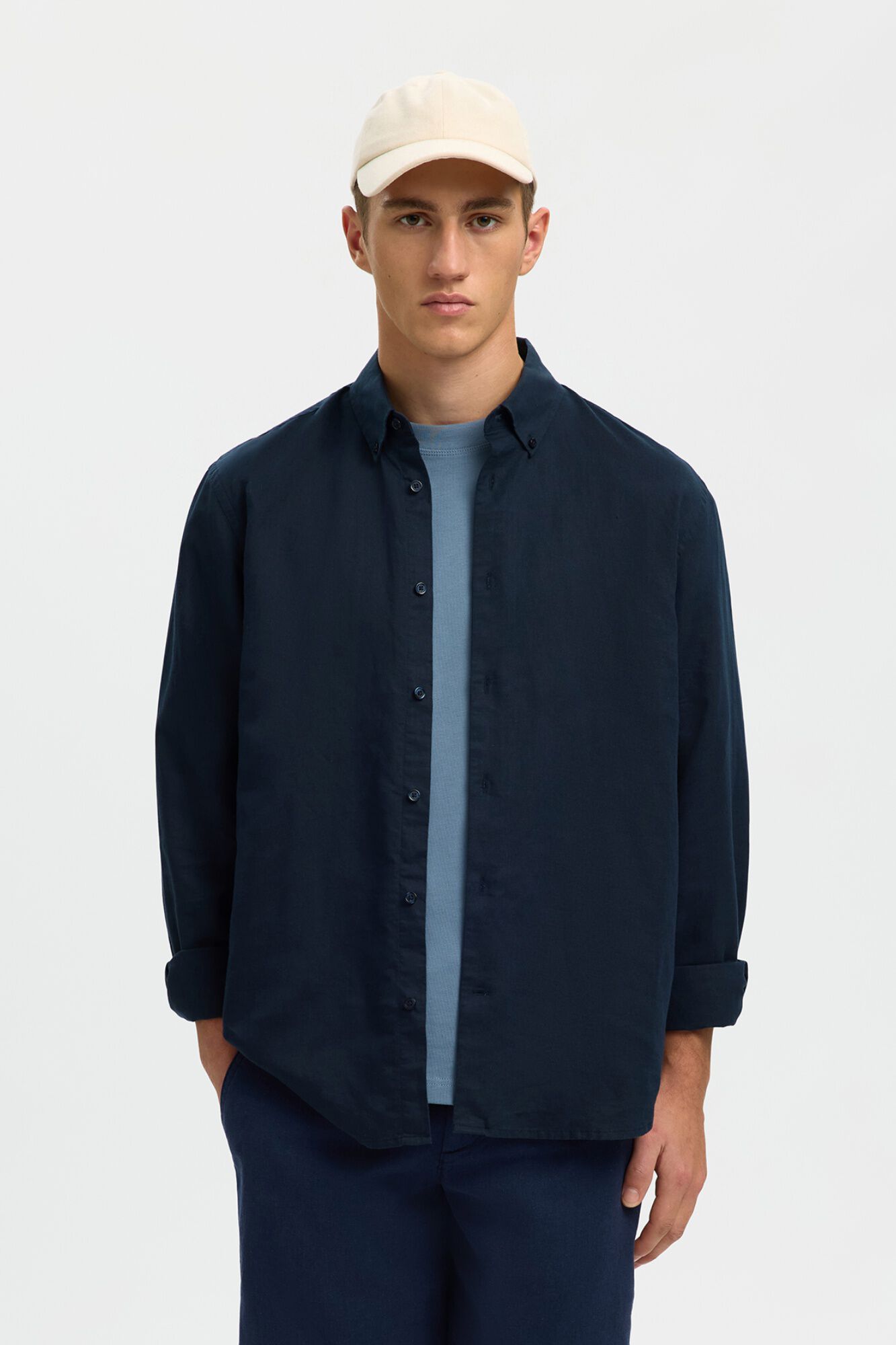 Selected Camisa em mistura de linho Azul