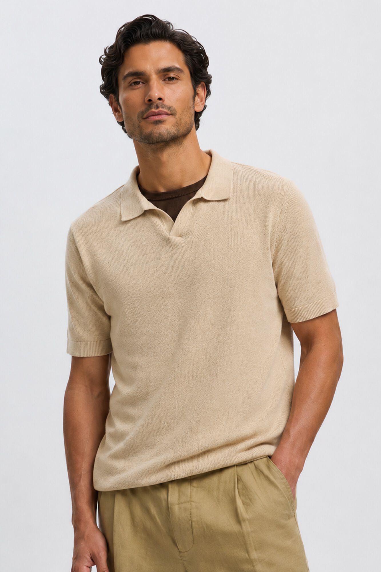 Selected Polo de malha com gola aberta Tostado