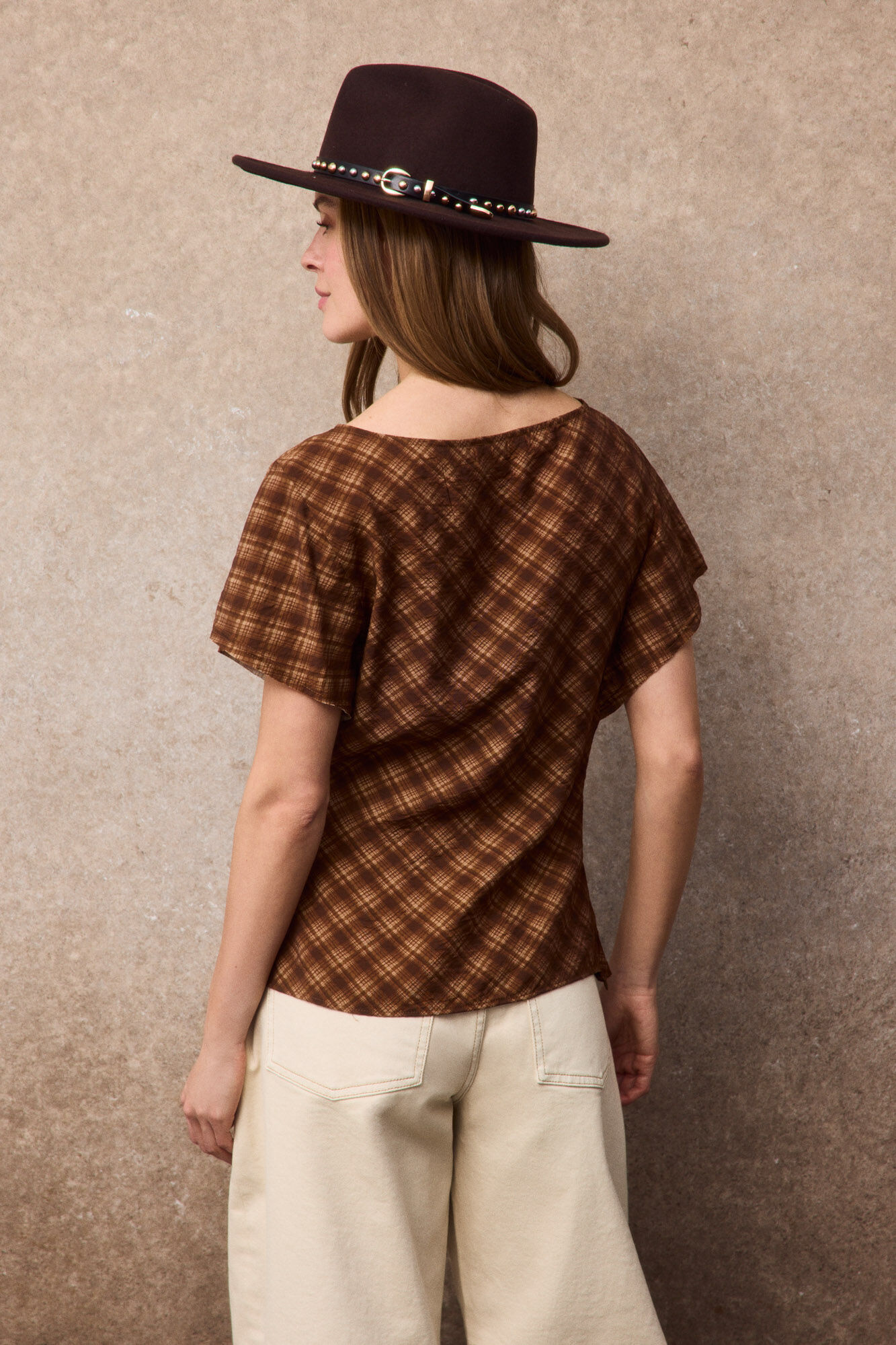 Slowlove Top cuadros Estampado marr&oacute;n