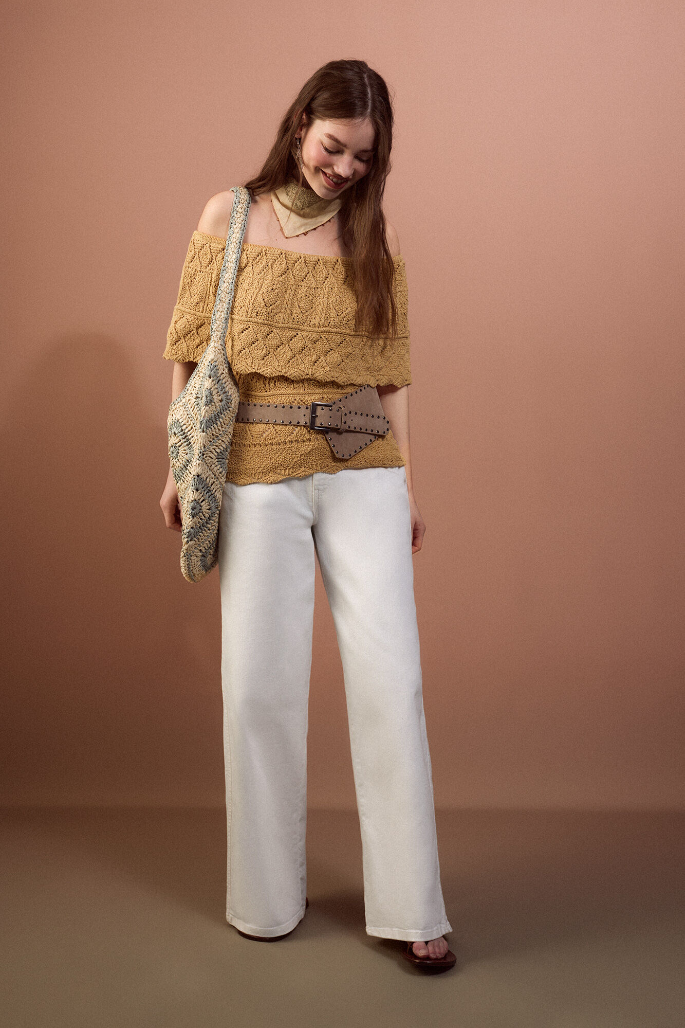 Cortefiel Off-shoulder knitted top Yellow
