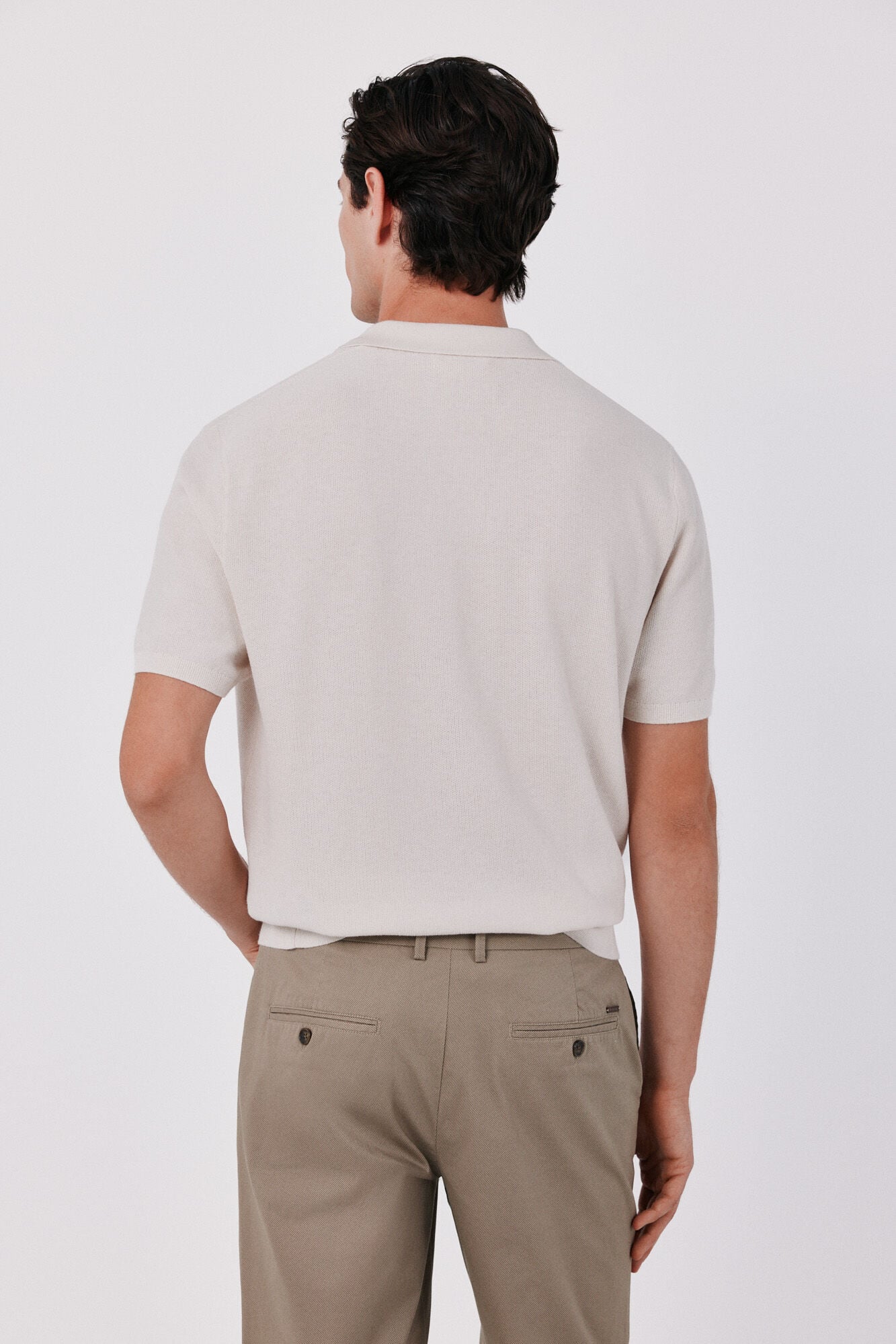Cortefiel Cotton knit short sleeve polo shirt Ivory
