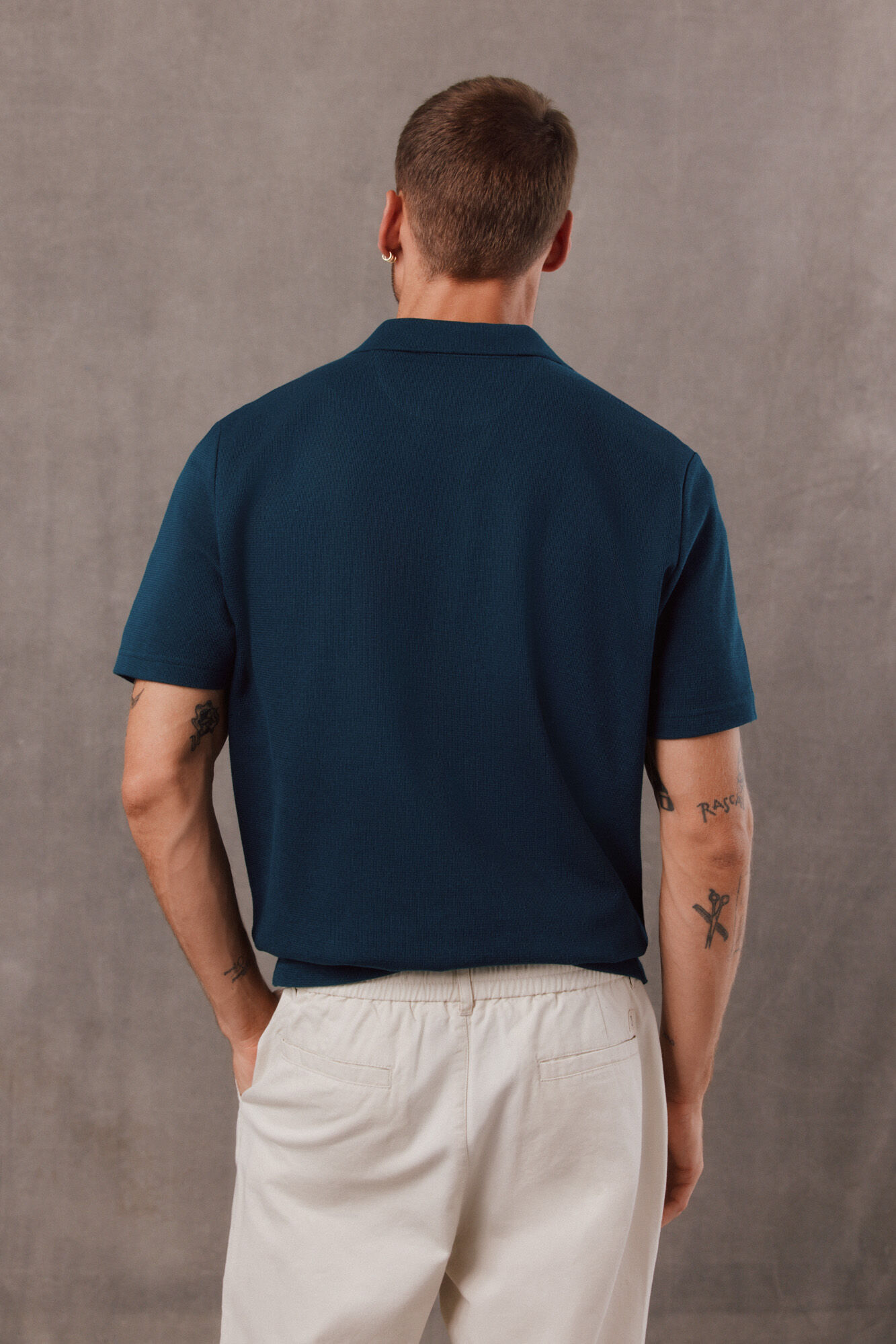 OOTO Open neck textured polo shirt Blue