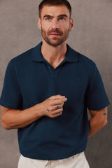 OOTO Open neck textured polo shirt Blue