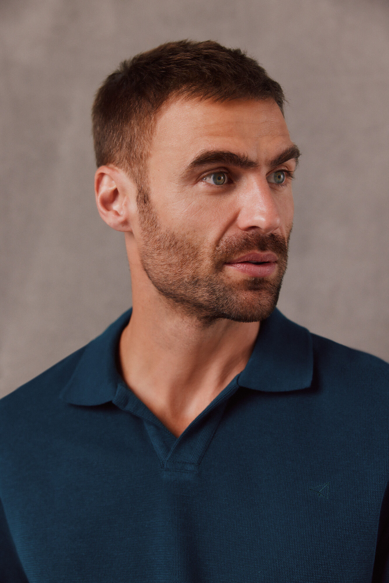 OOTO Open neck textured polo shirt Blue