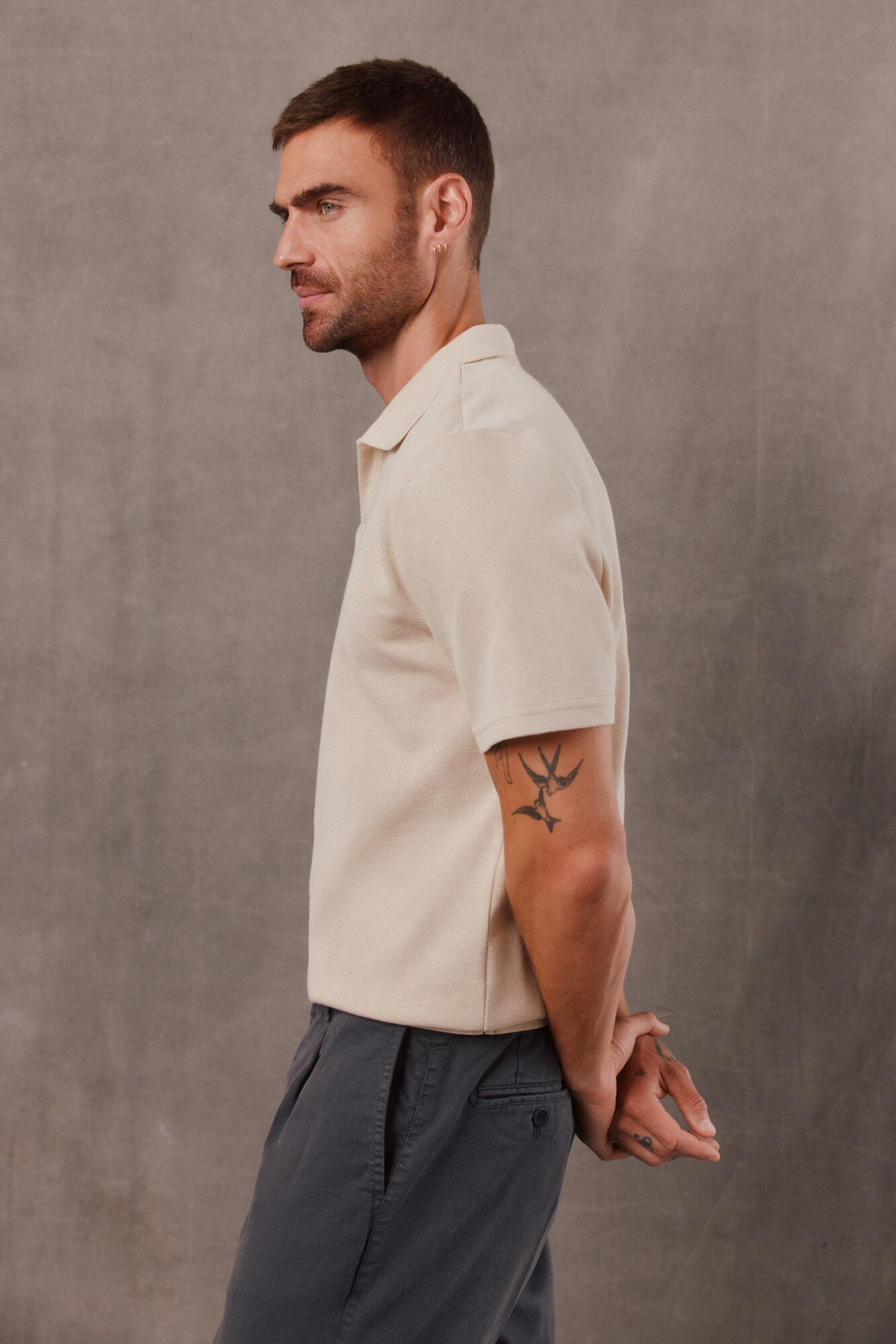 OOTO Open neck textured polo shirt Printed beige