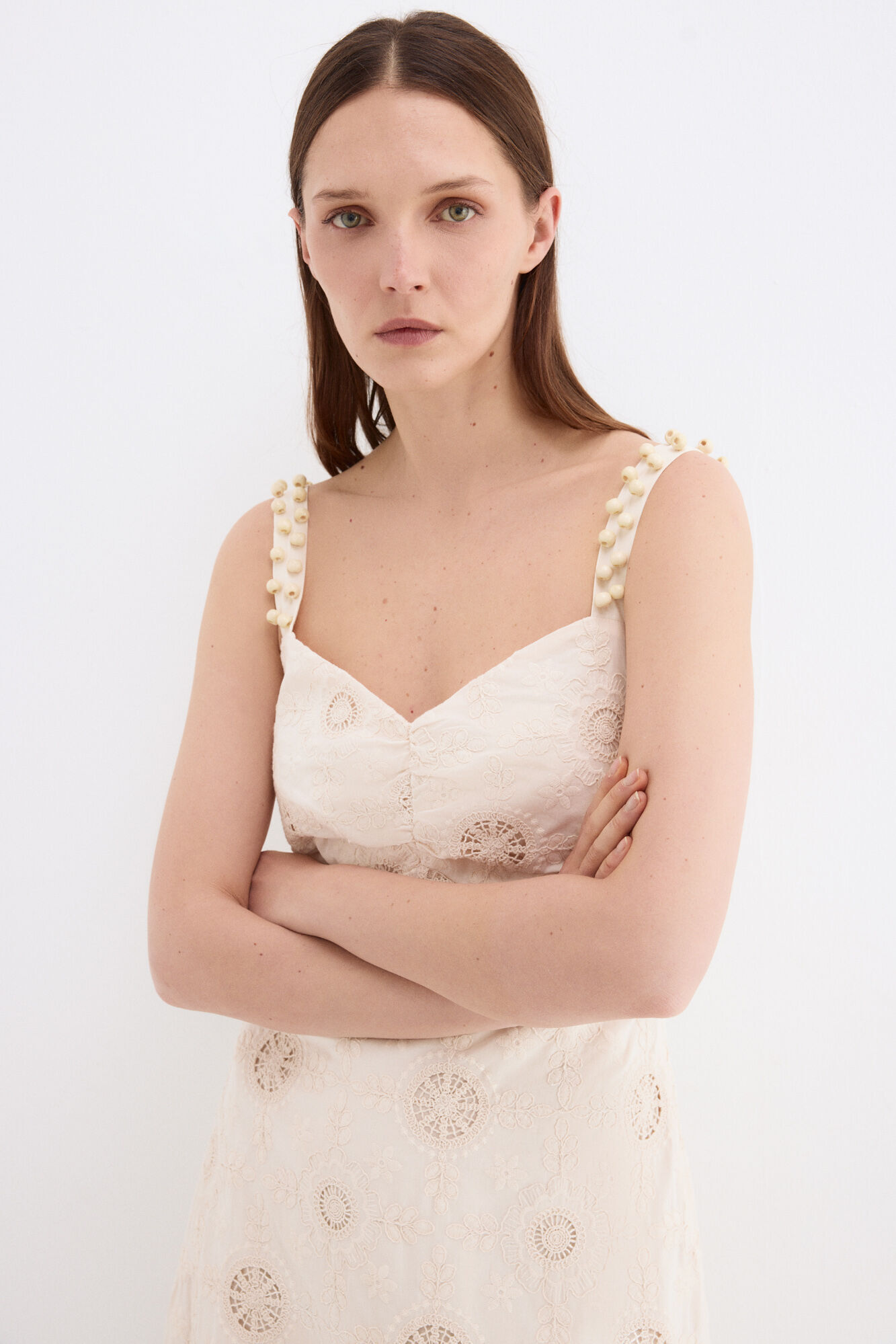 Pedro del Hierro Embroidered cotton long dress Ecru