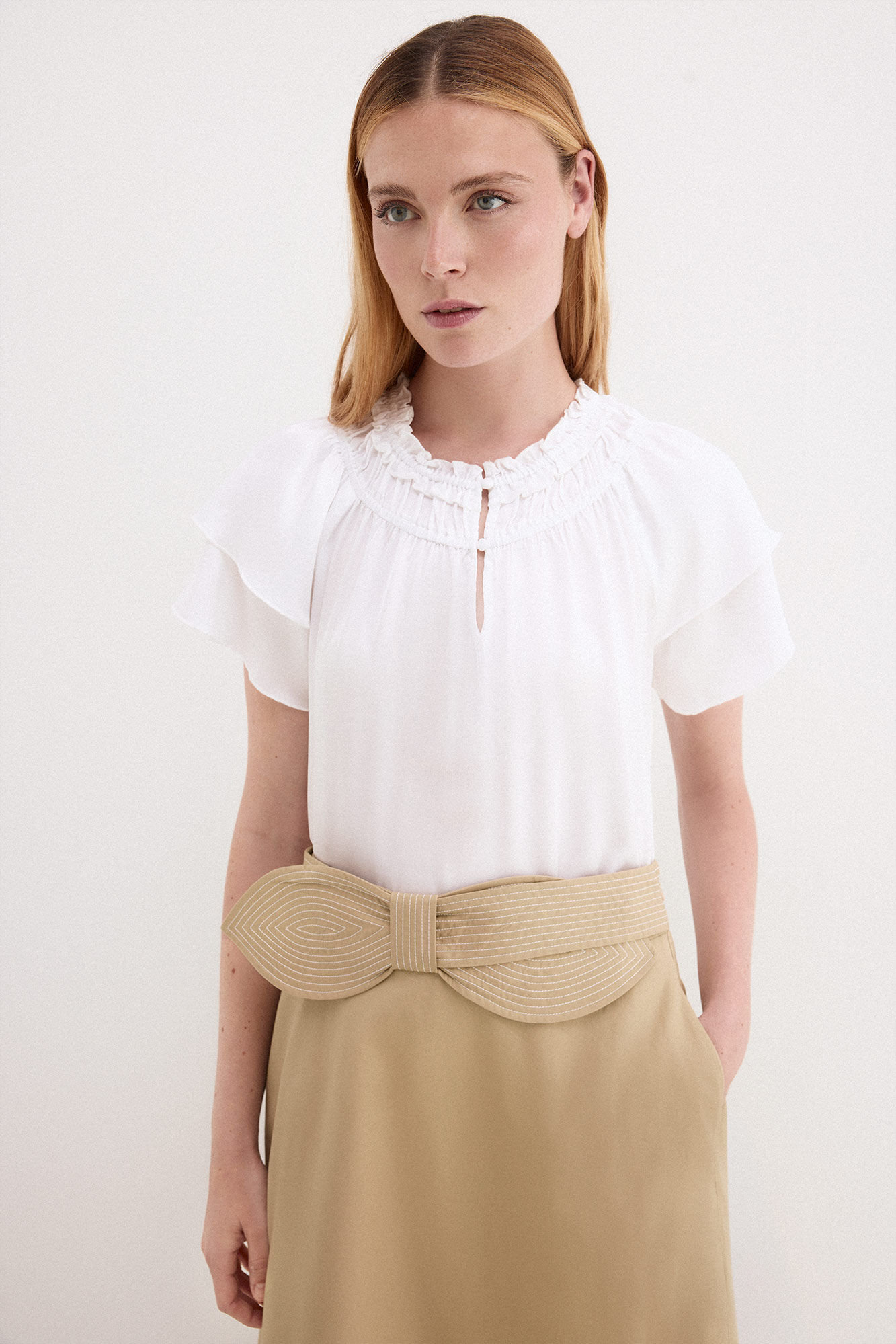 Pedro del Hierro Plain satin-finish ruffle sleeve blouse