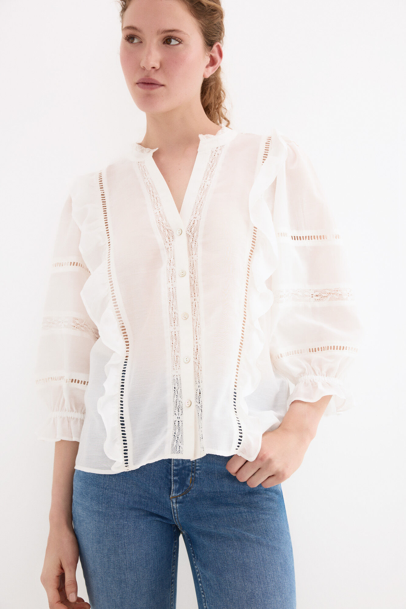 Pedro del Hierro Blusa rom&acirc;ntica com folhos Branco